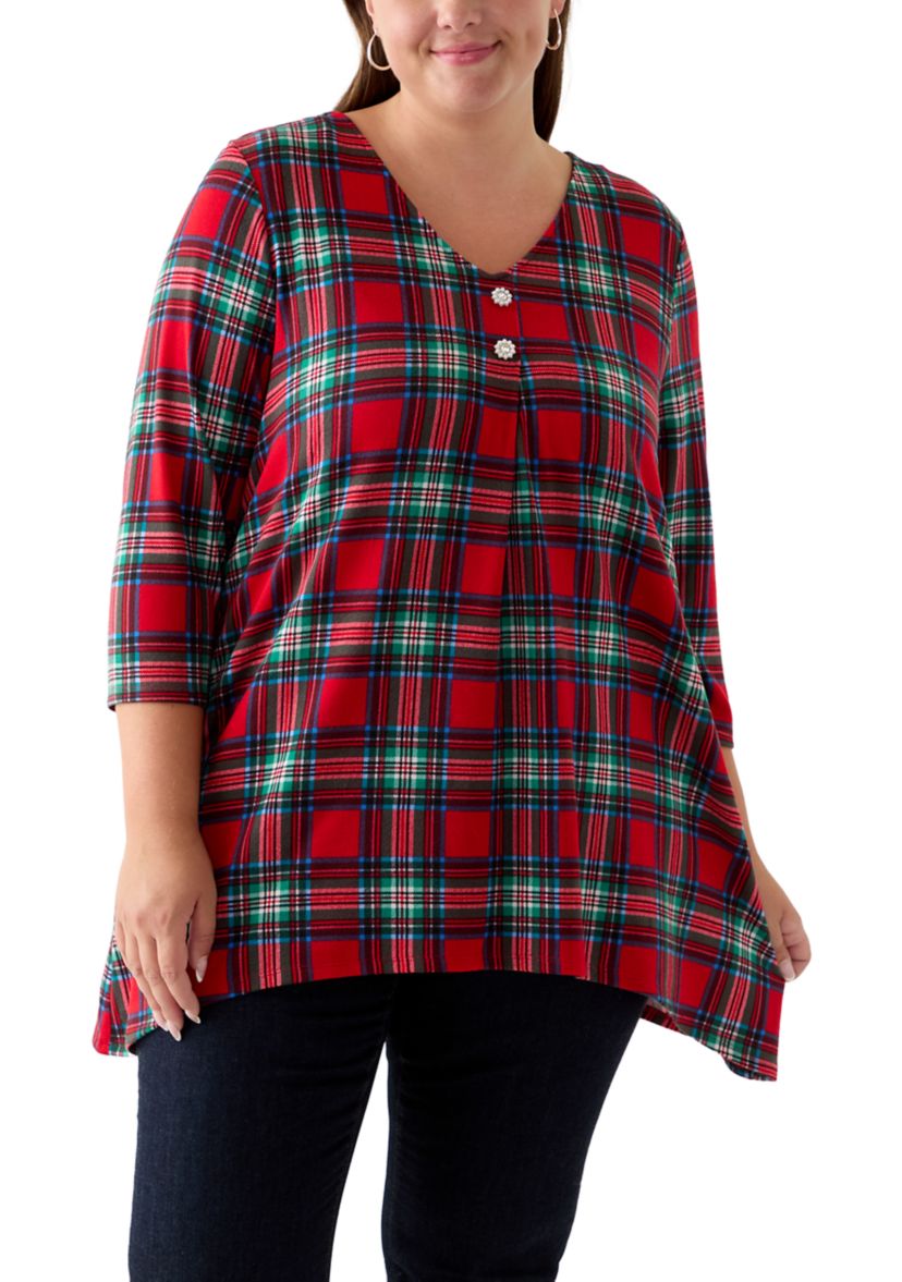 Plus Size 3/4 Sleeve Sharkbite Hacci Henley Shirt