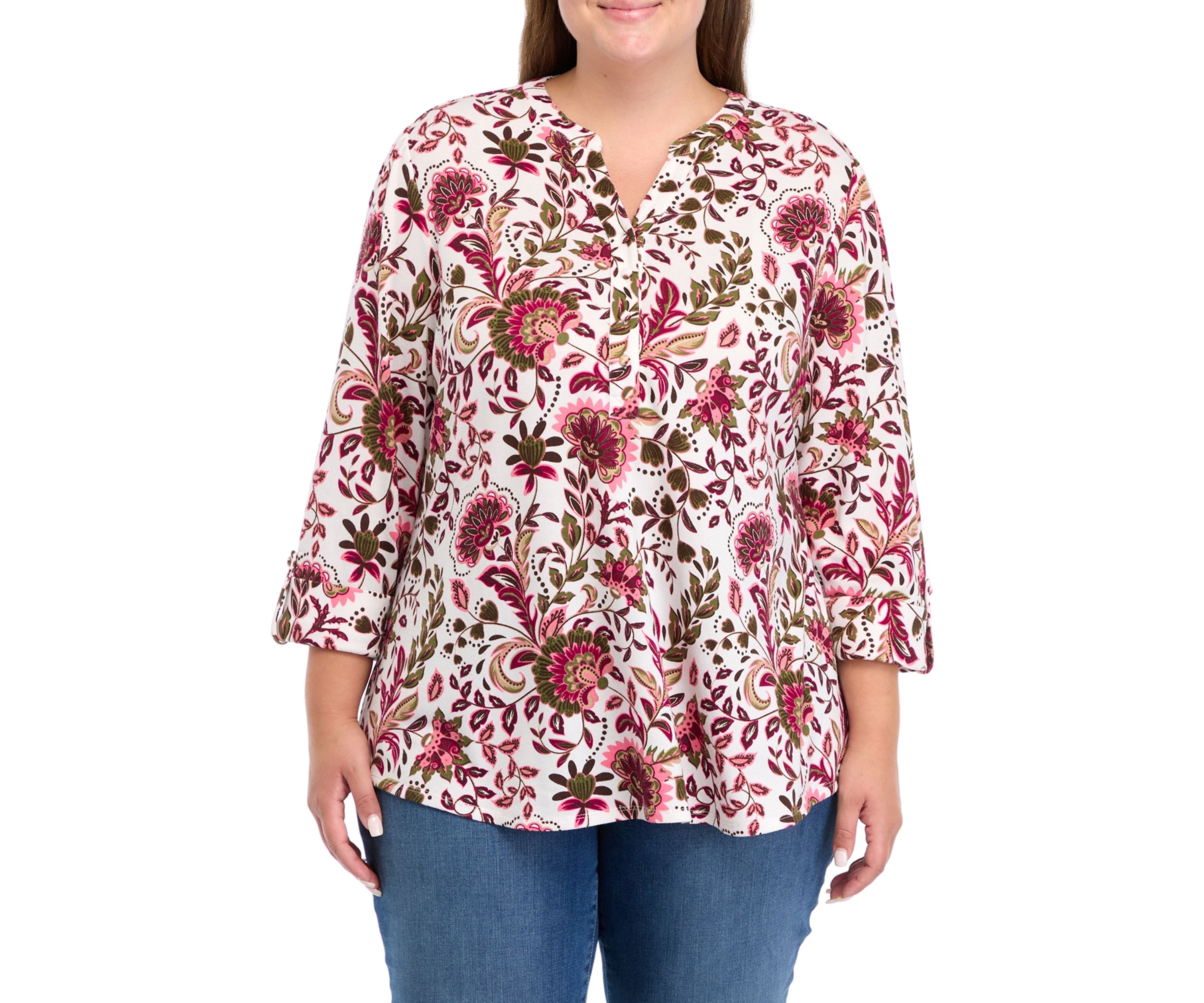 Plus Size 3/4 Sleeve Printed Hacci Henley Top 
