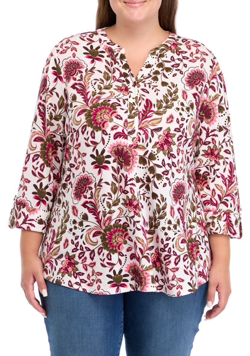 Plus Size 3/4 Sleeve Printed Hacci Henley Top 