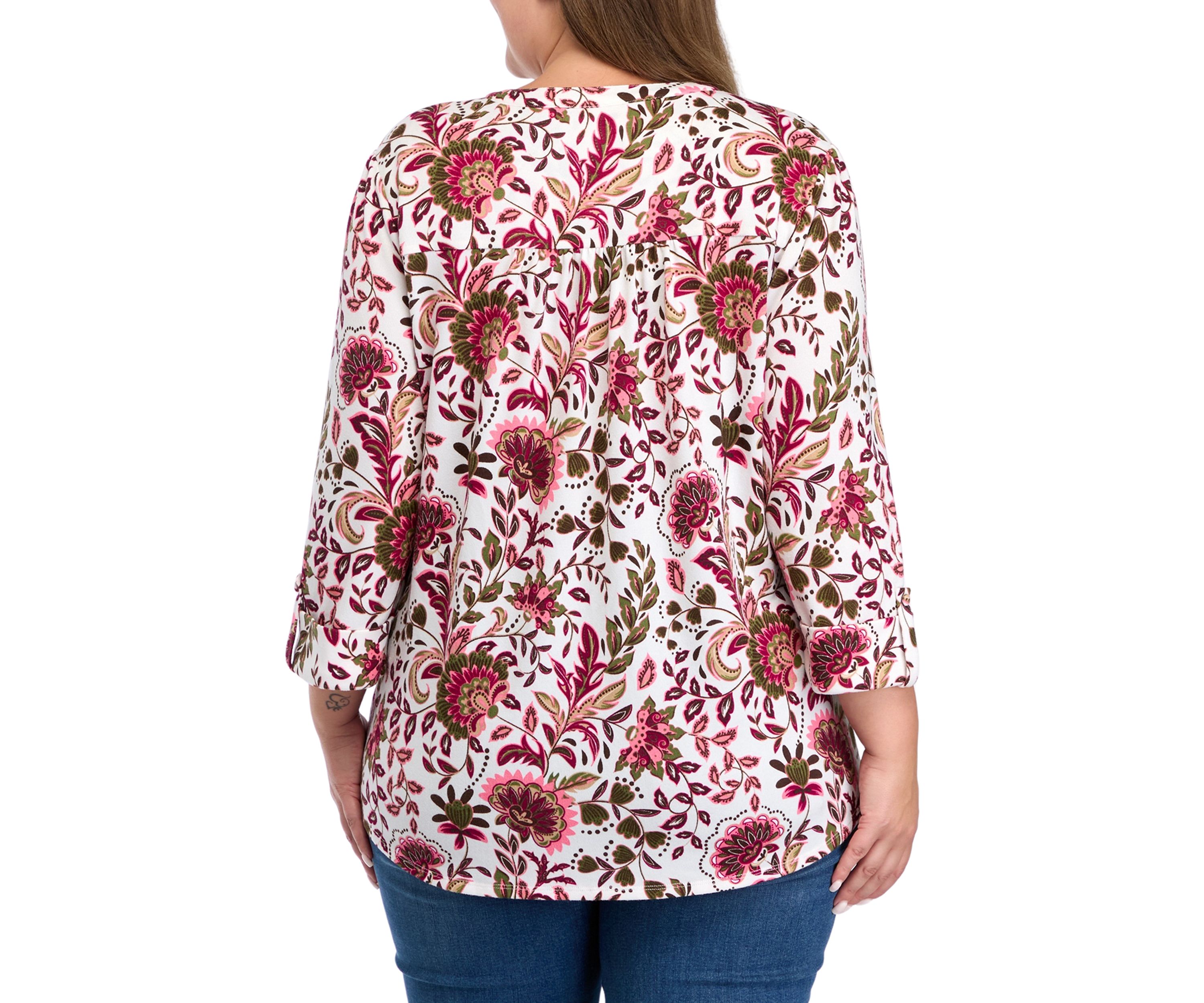 Plus Size 3/4 Sleeve Printed Hacci Henley Top 