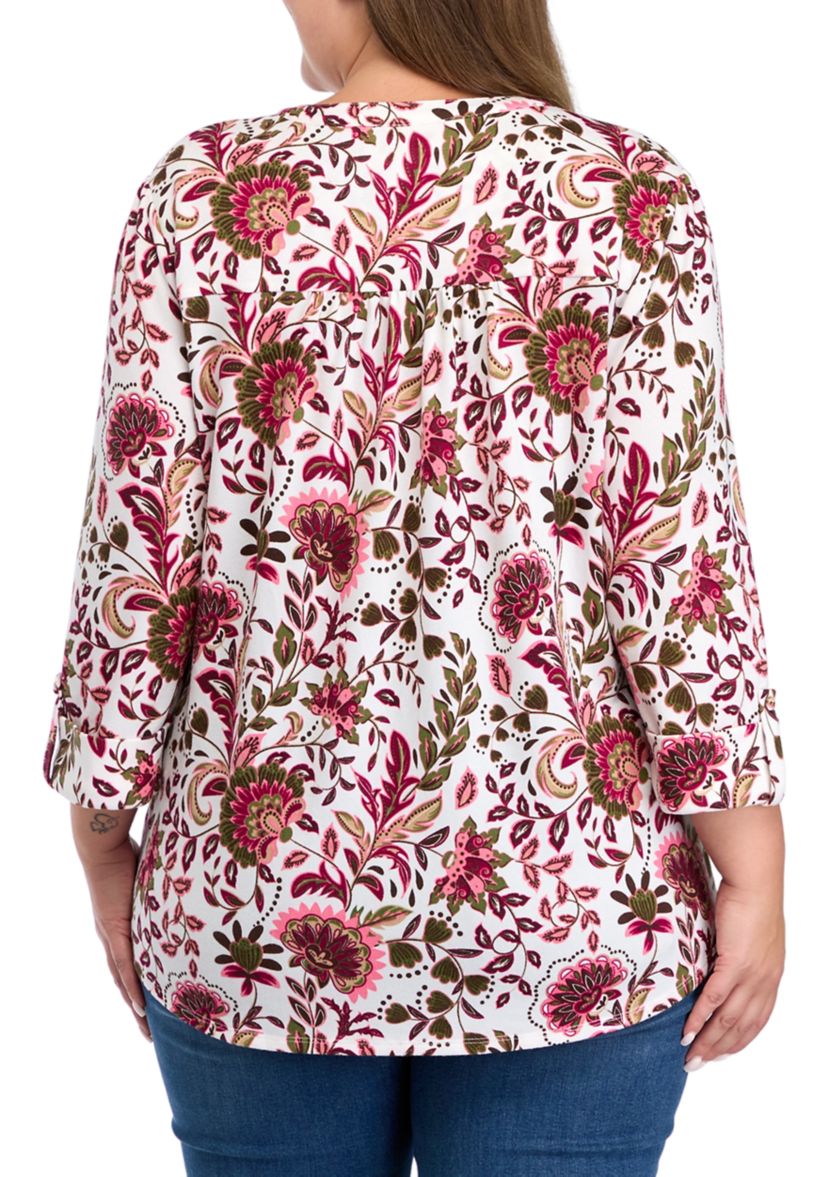 Plus Size 3/4 Sleeve Printed Hacci Henley Top 