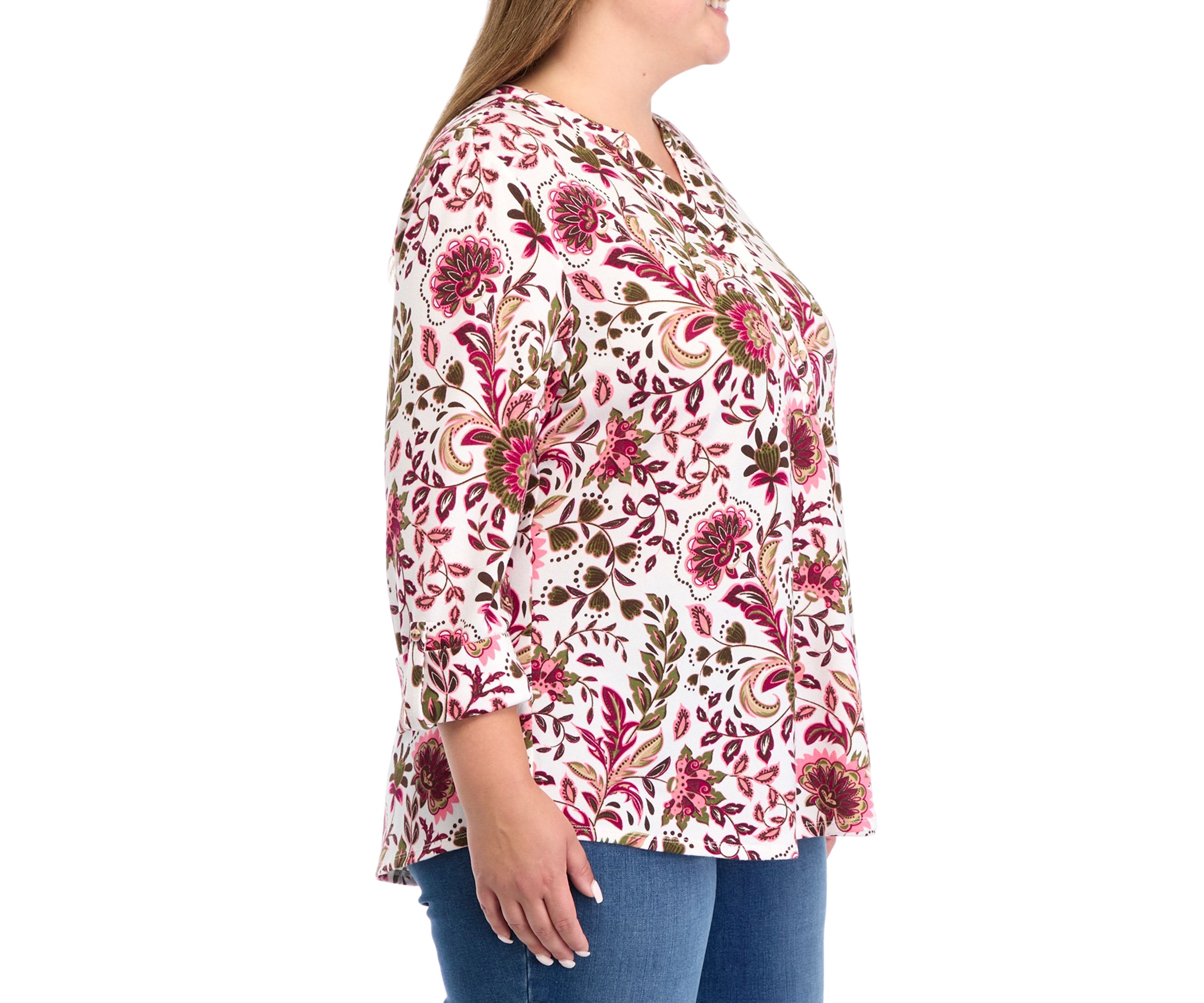 Plus Size 3/4 Sleeve Printed Hacci Henley Top 