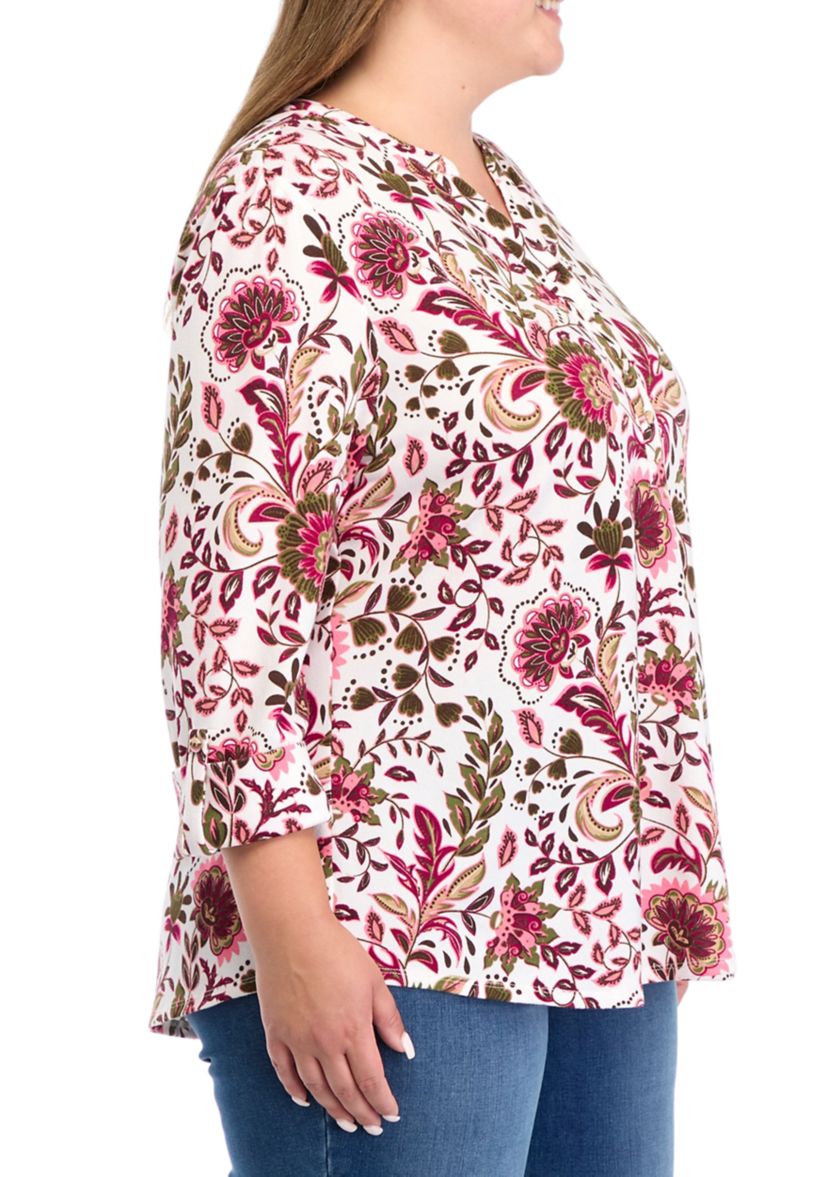 Plus Size 3/4 Sleeve Printed Hacci Henley Top 