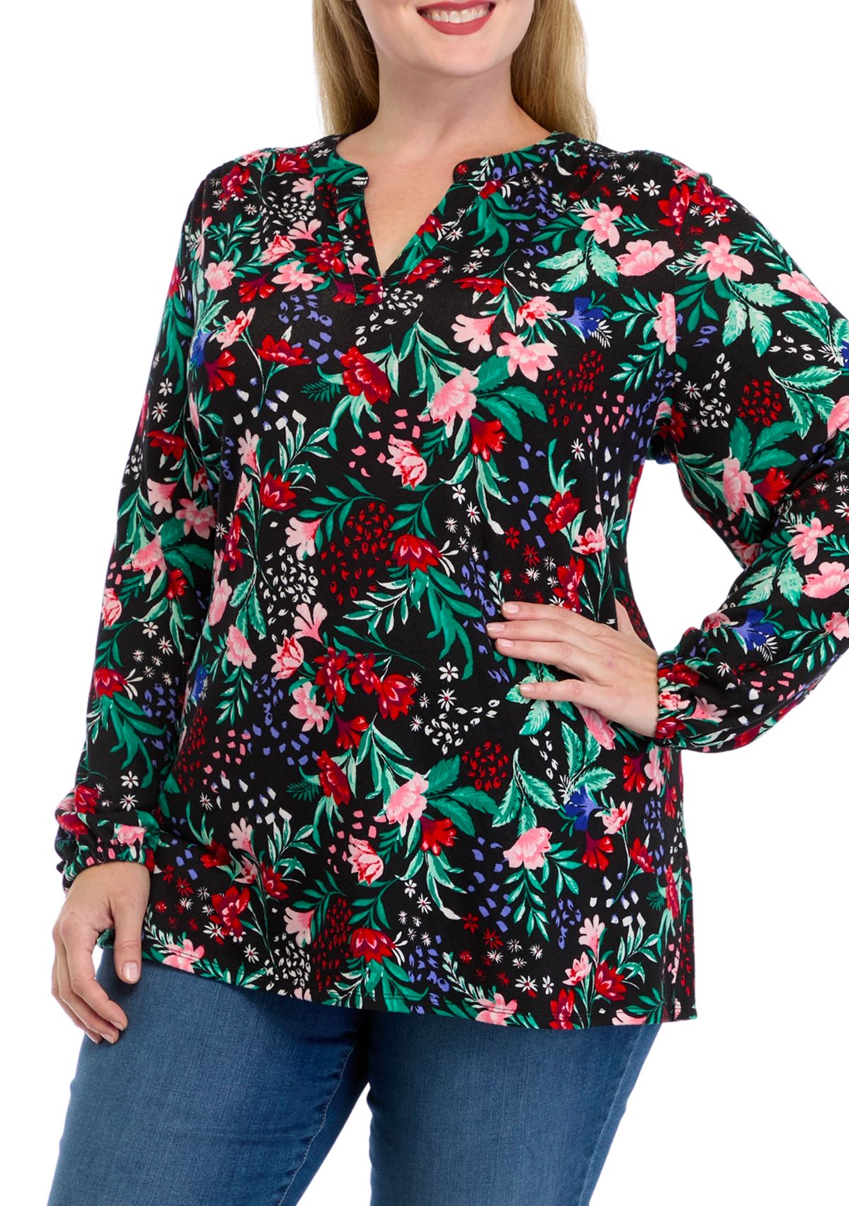Plus Size Long Sleeve Printed Hacci Knit Top 