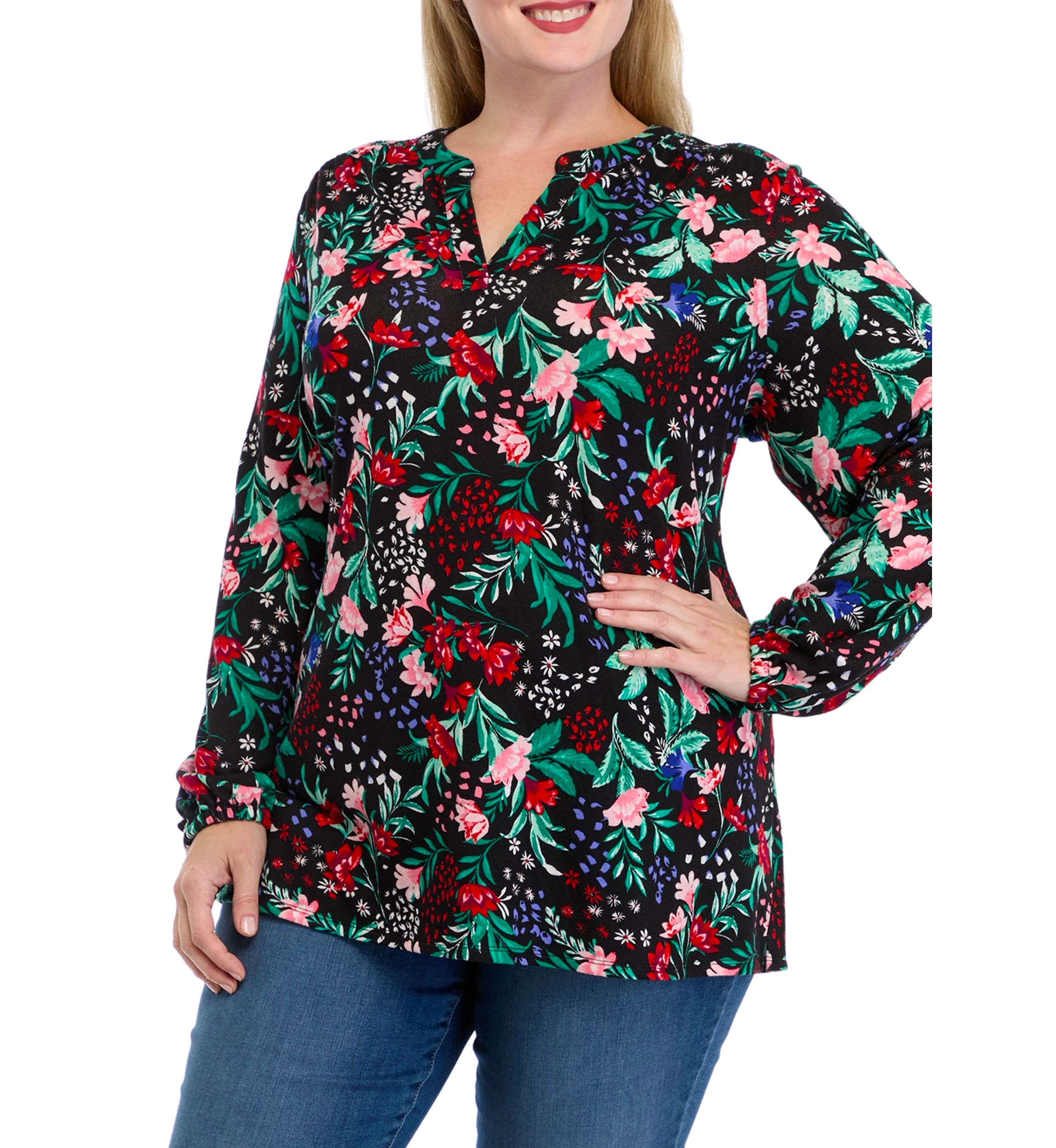 Plus Size Long Sleeve Printed Hacci Knit Top 