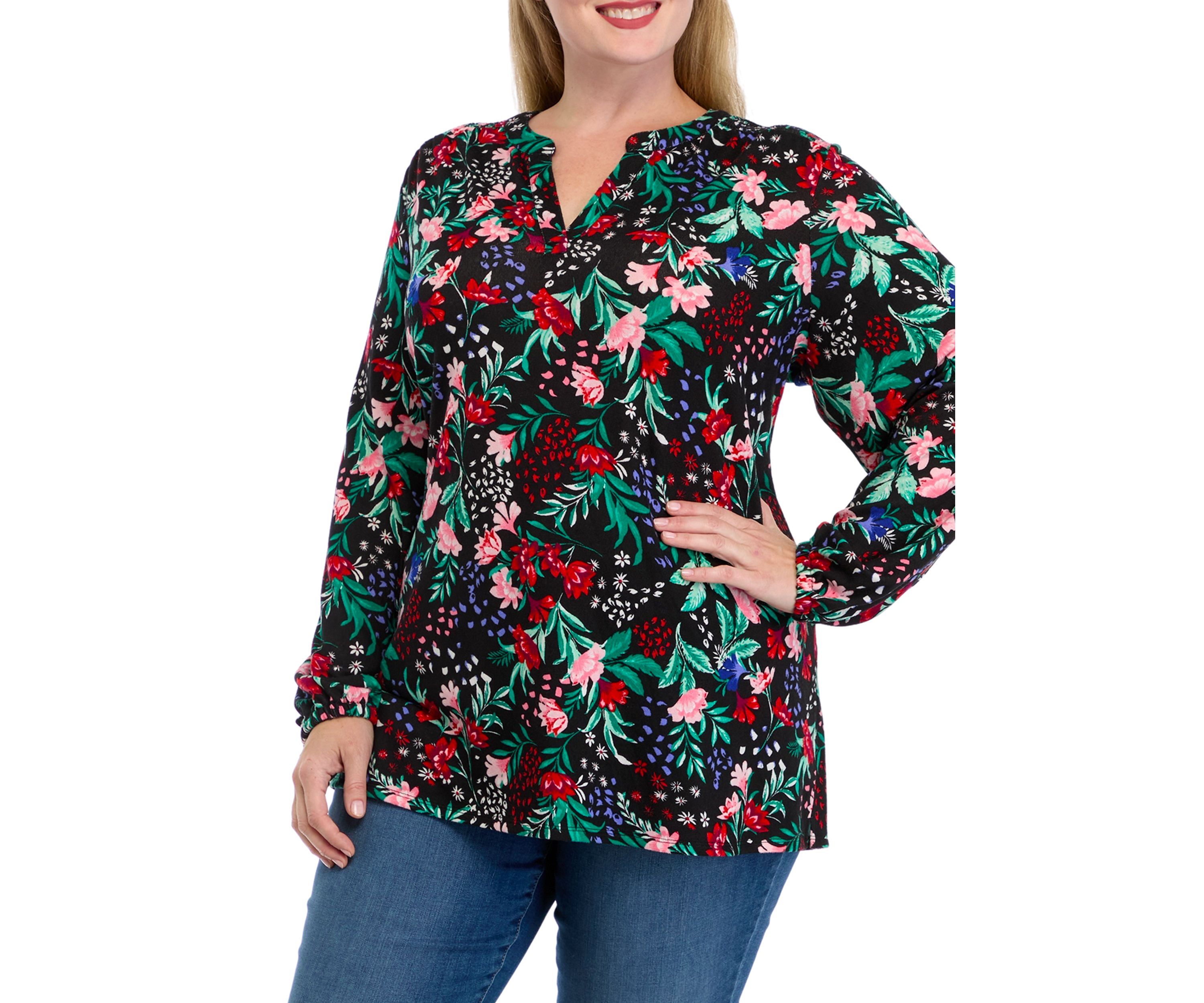 Plus Size Long Sleeve Printed Hacci Knit Top 