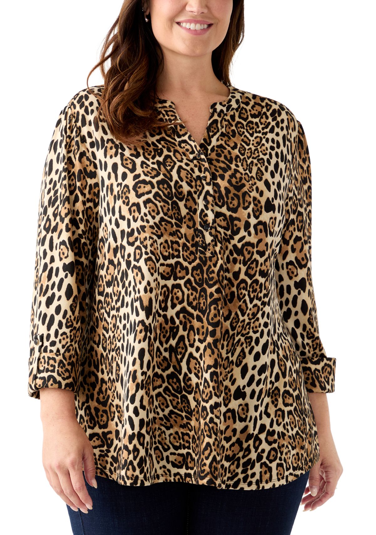 Plus Size 3/4 Sleeve Printed Hacci Henley Shirt