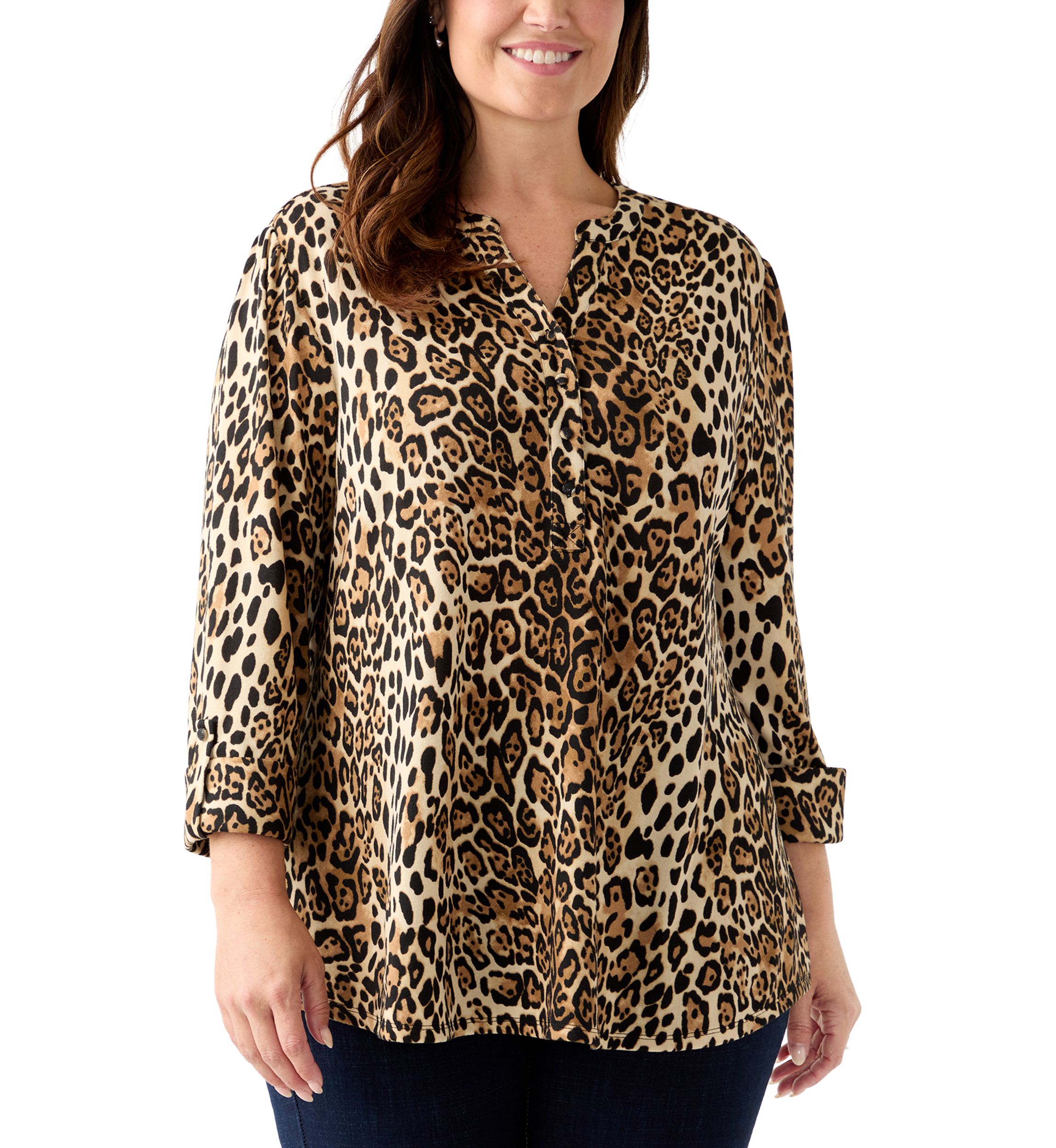 Plus Size 3/4 Sleeve Printed Hacci Henley Shirt