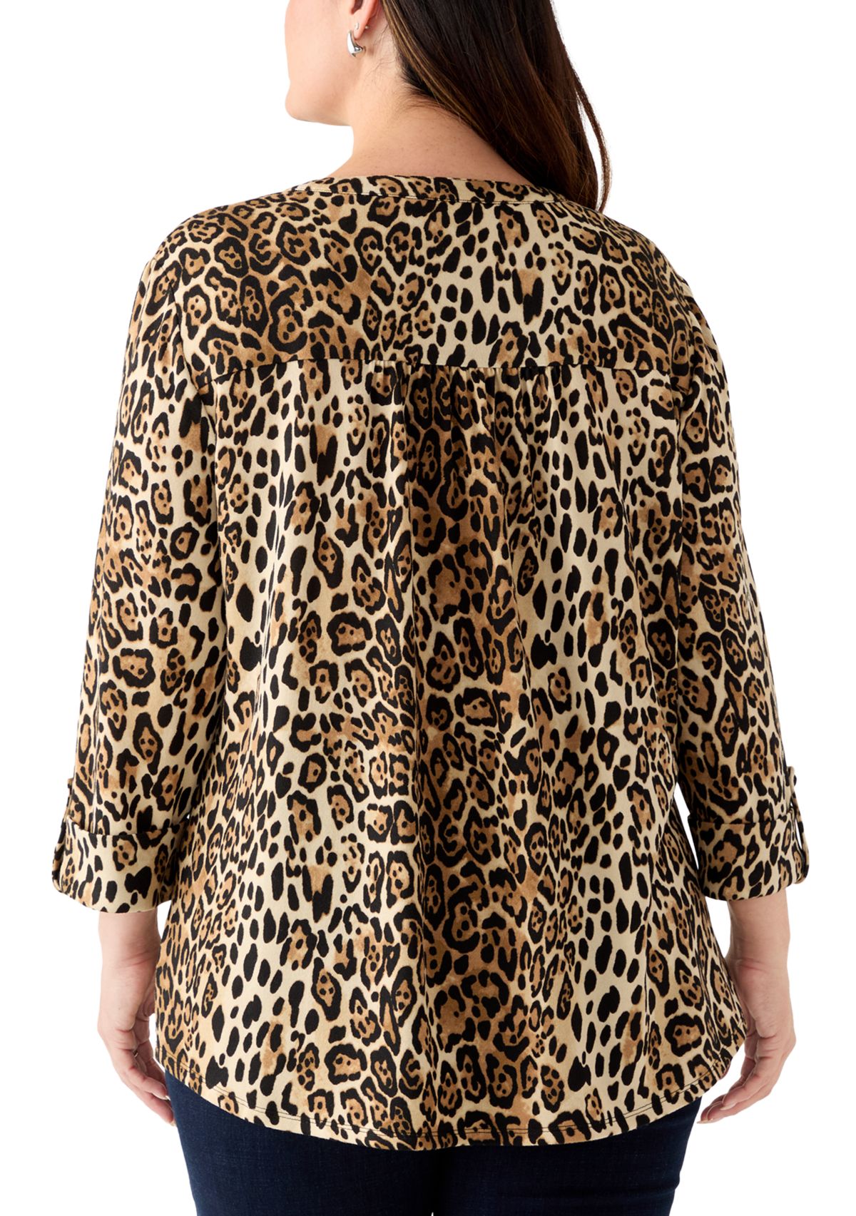 Plus Size 3/4 Sleeve Printed Hacci Henley Shirt