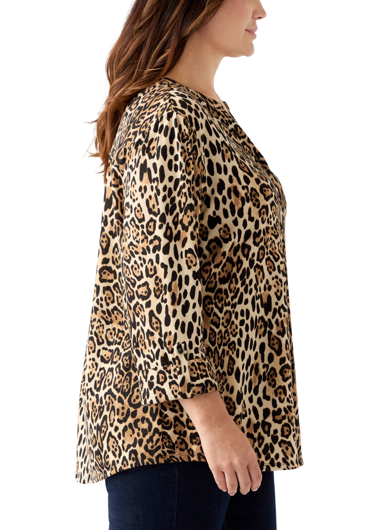 Plus Size 3/4 Sleeve Printed Hacci Henley Shirt