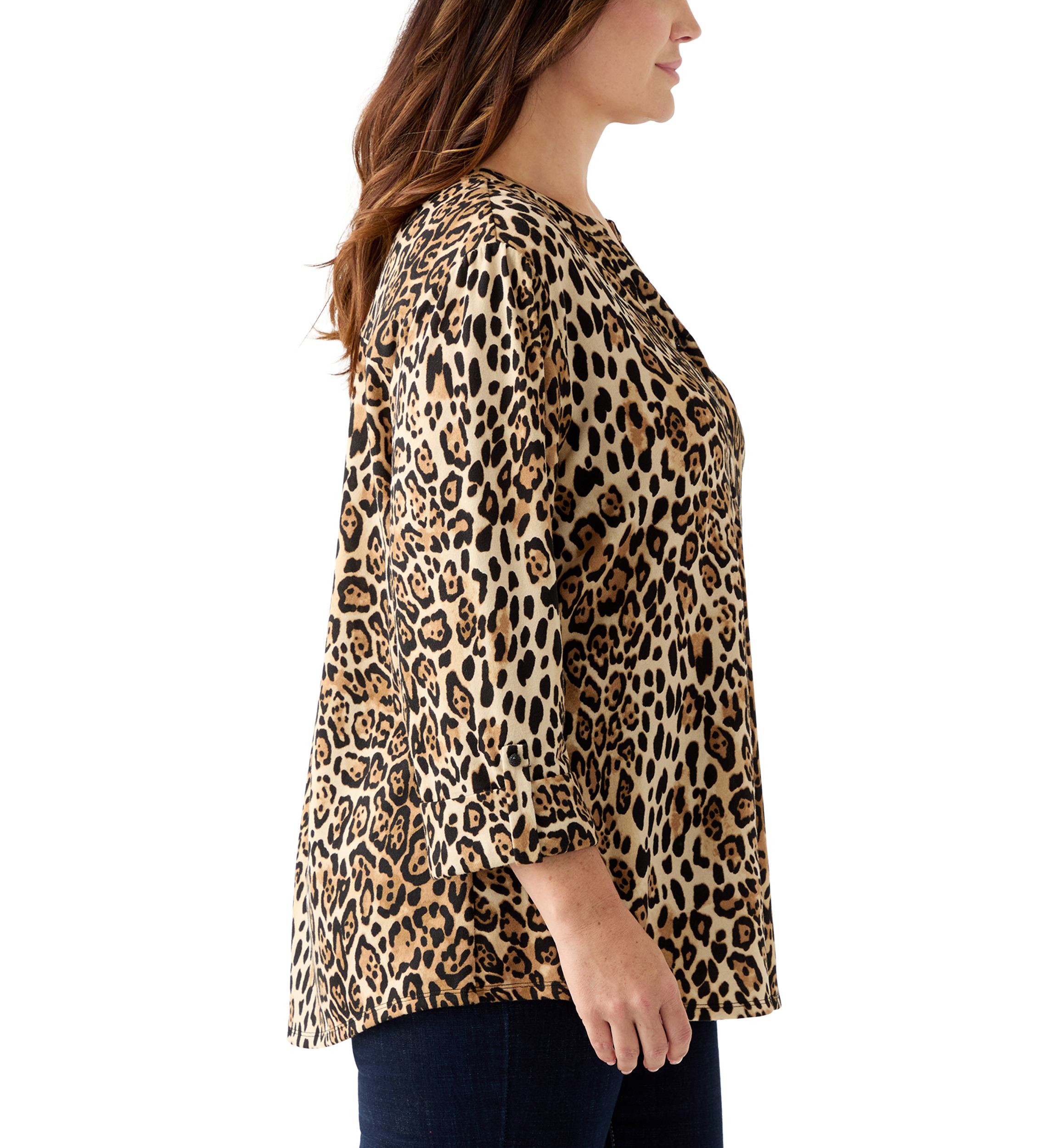 Plus Size 3/4 Sleeve Printed Hacci Henley Shirt