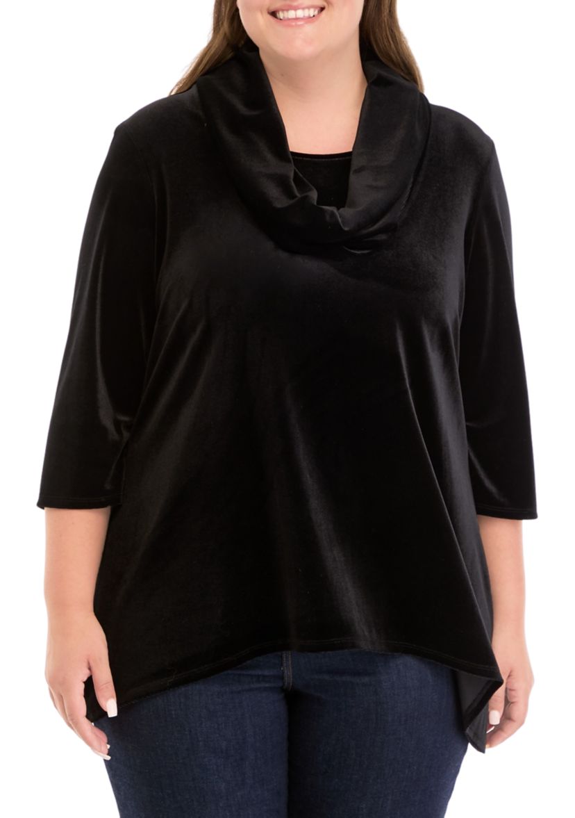 Plus Size Velvet Shark Bite Hem Shirt 