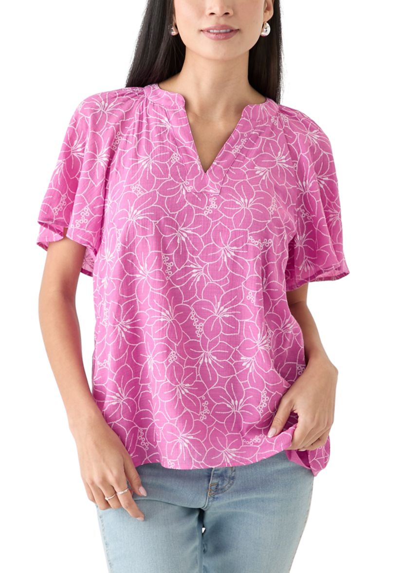 Petite Short Sleeve Printed Woven Top