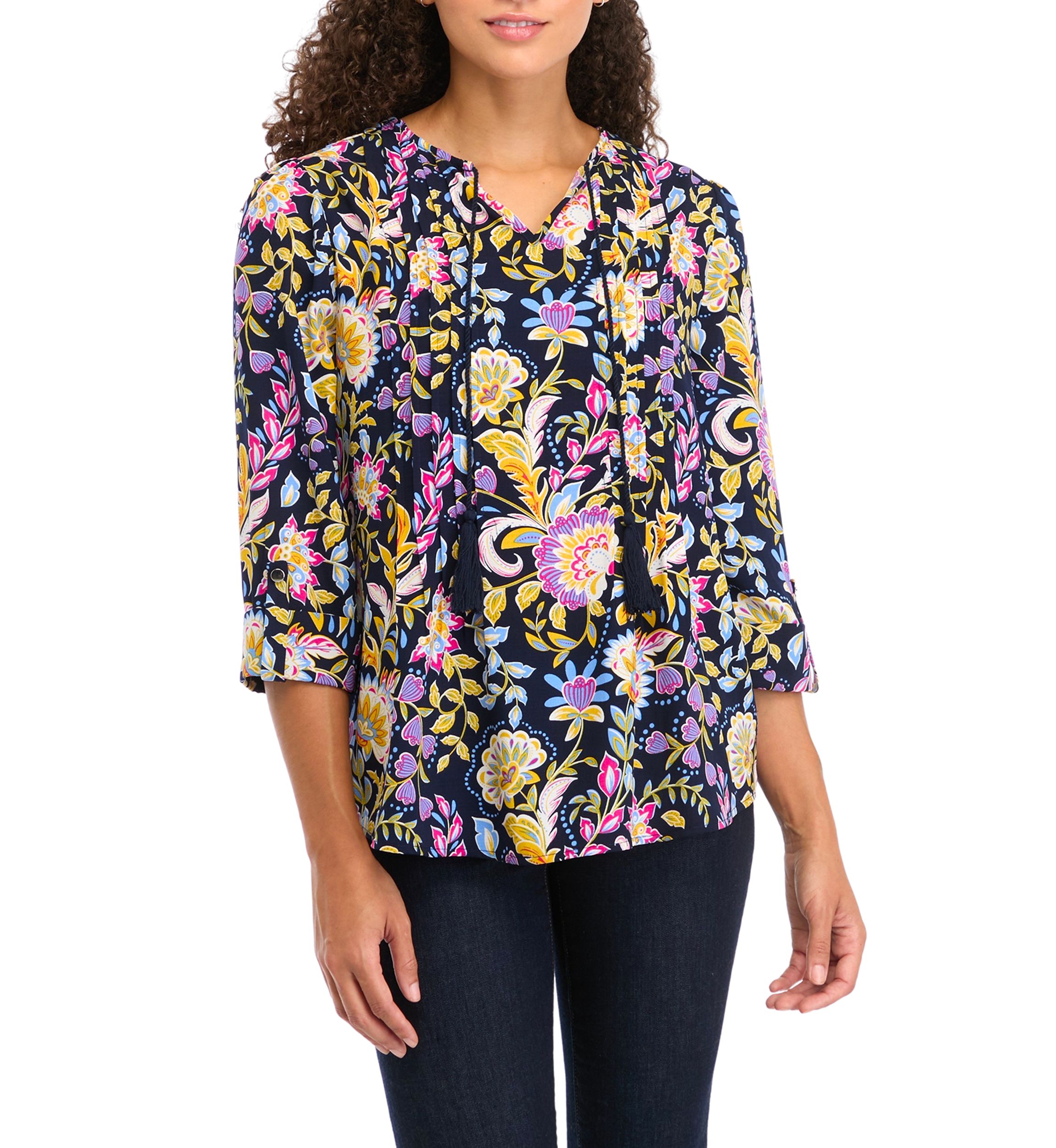 Petite Tassel Henley Woven Printed Shirt