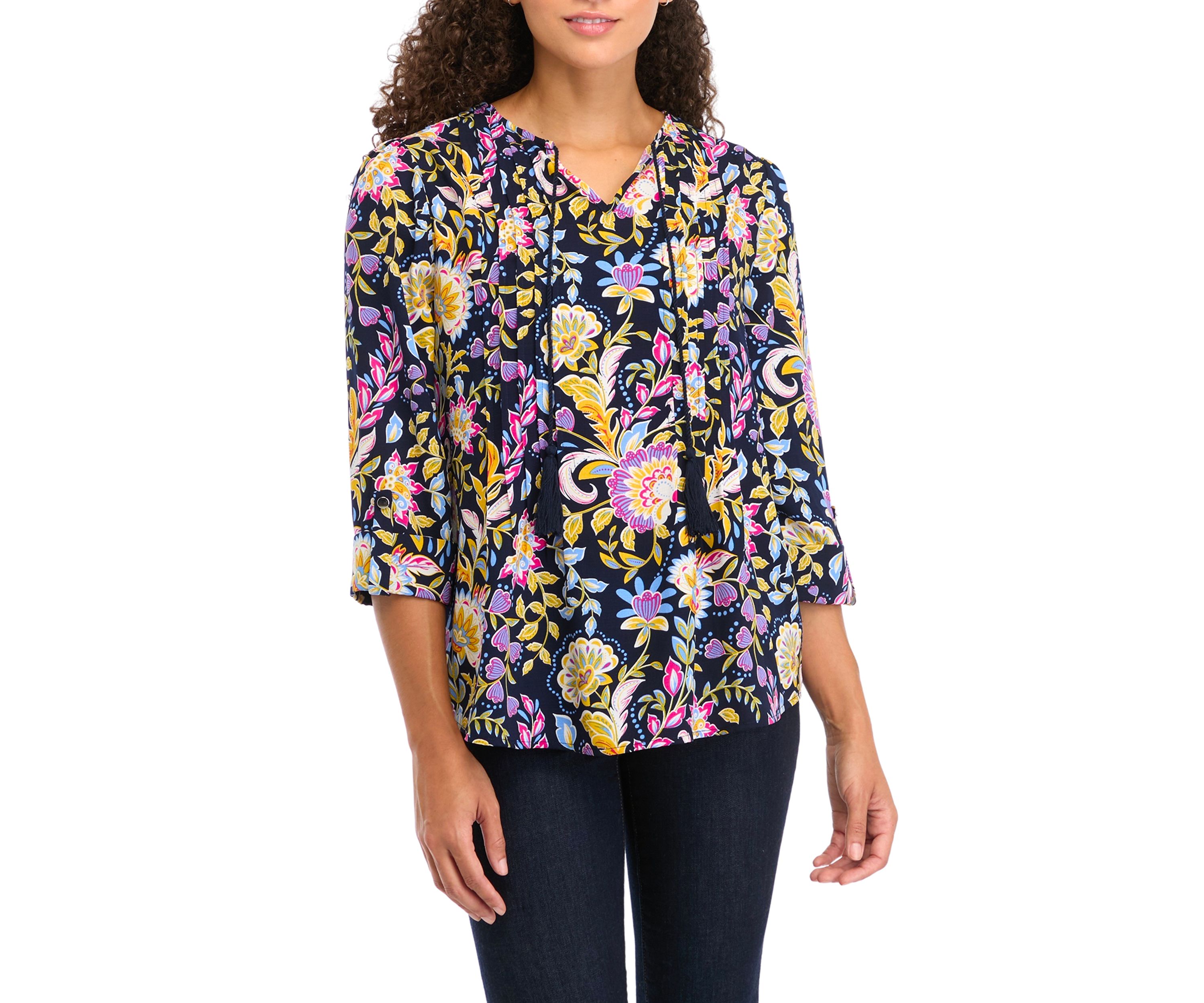 Petite Tassel Henley Woven Printed Shirt