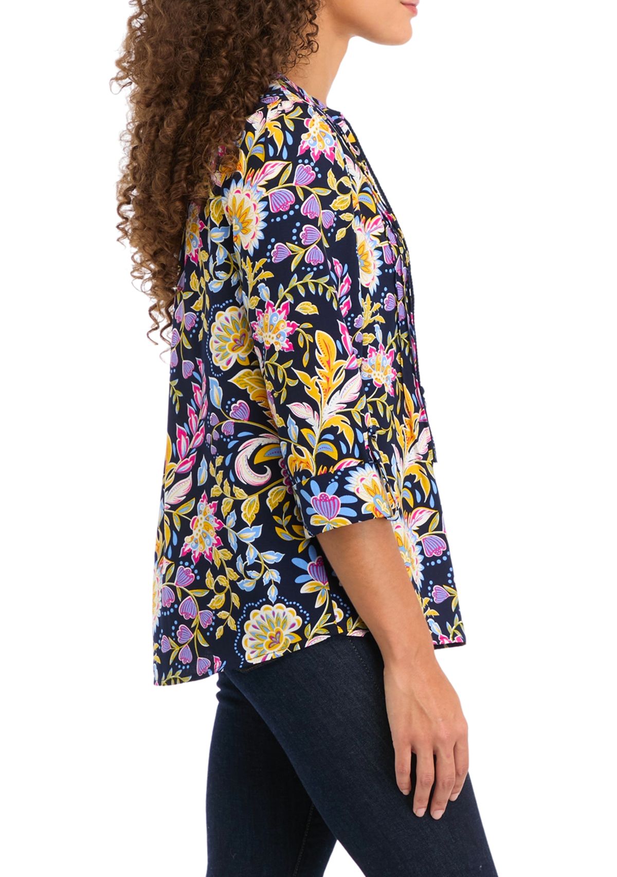 Petite Tassel Henley Woven Printed Shirt