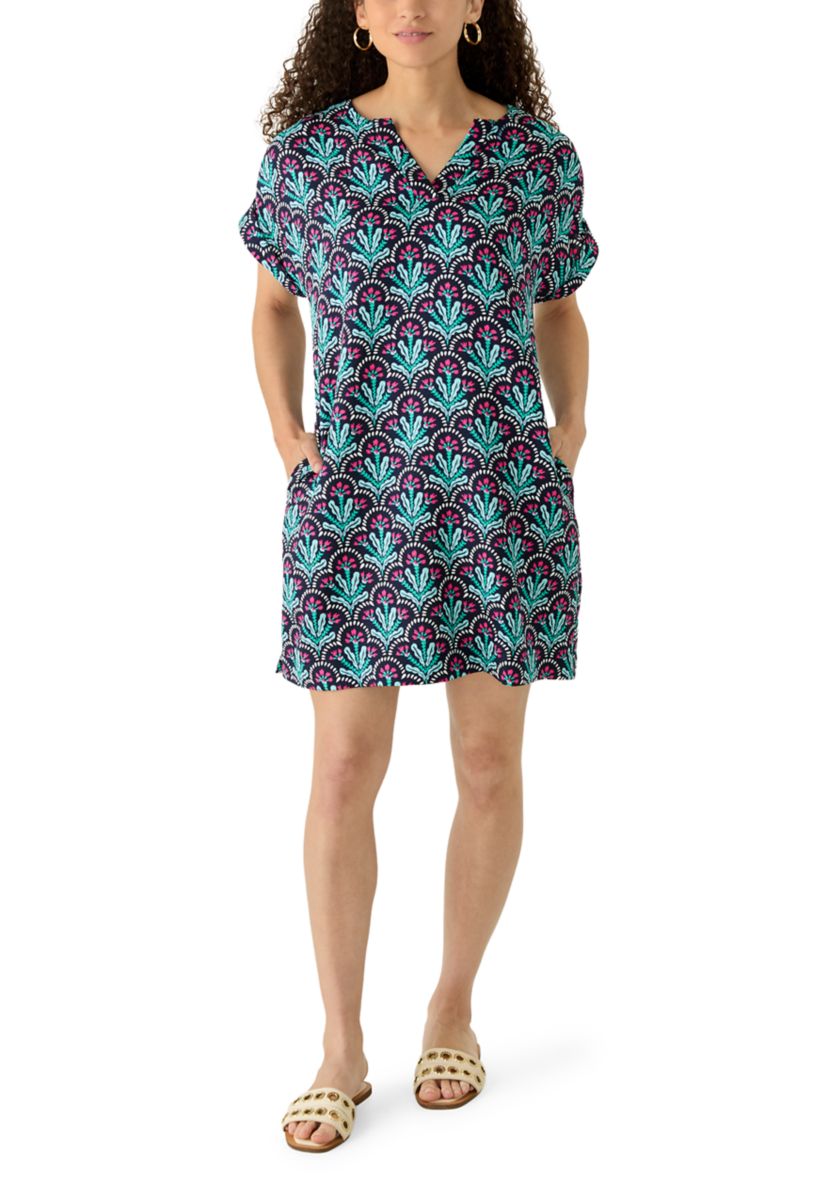 short sleeve casual petite dresses Crown & Ivy Petite Short Sleeve Notch Neck Printed Mini Dress