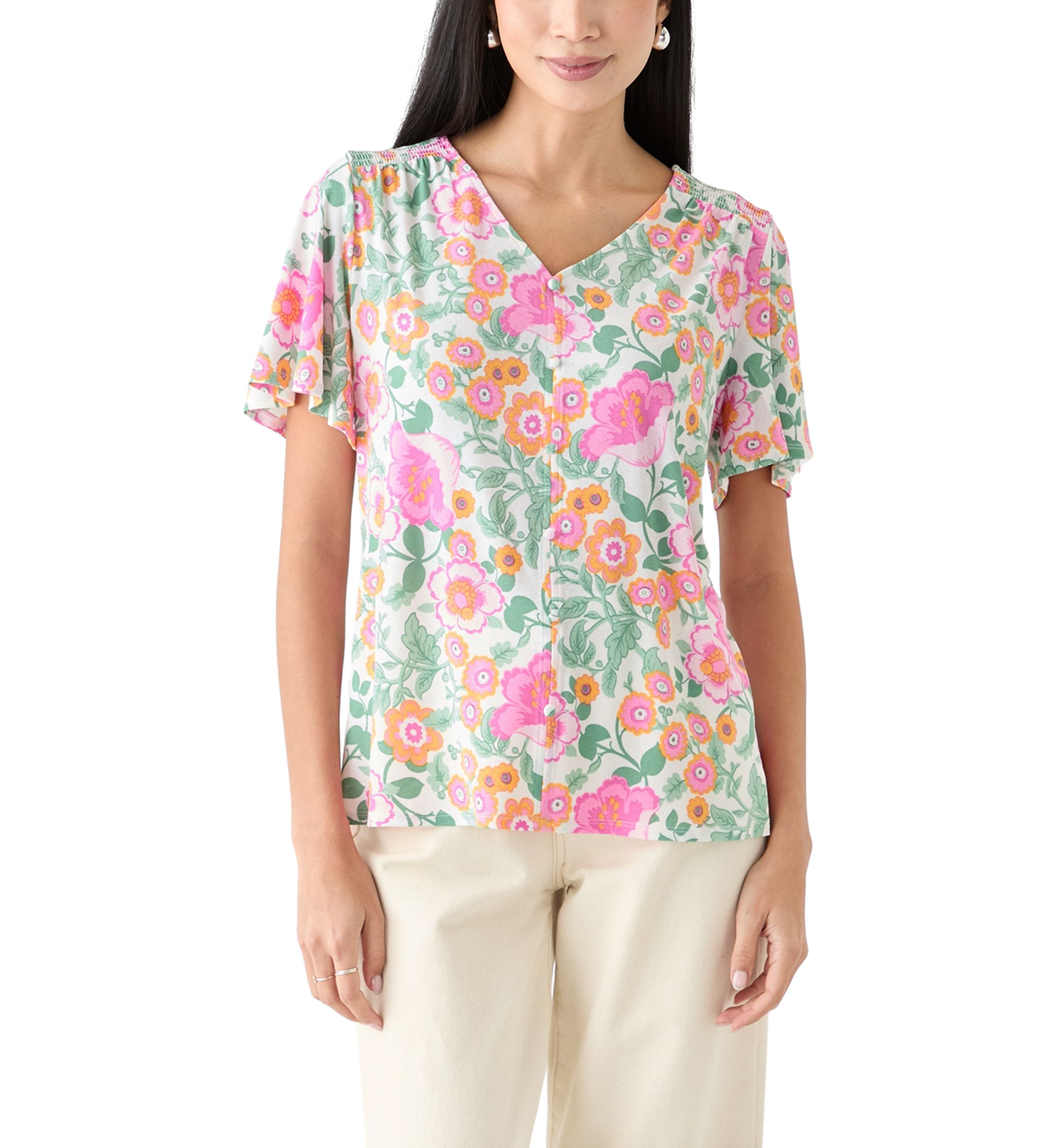 Petite Printed Button Front V-Neck Top