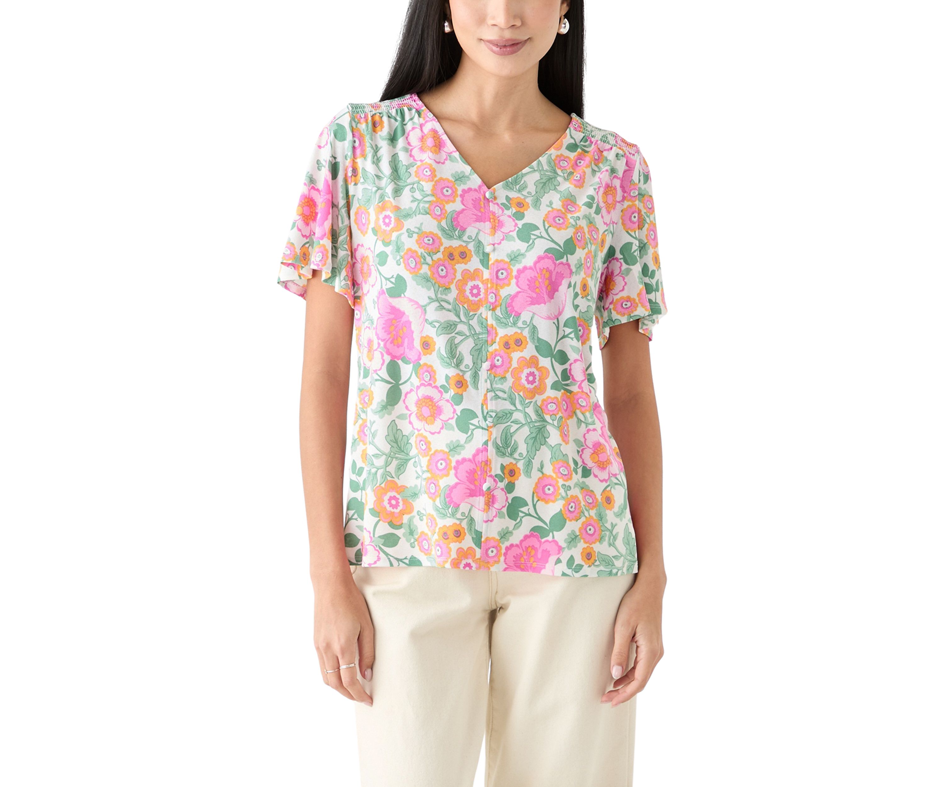 Petite Printed Button Front V-Neck Top