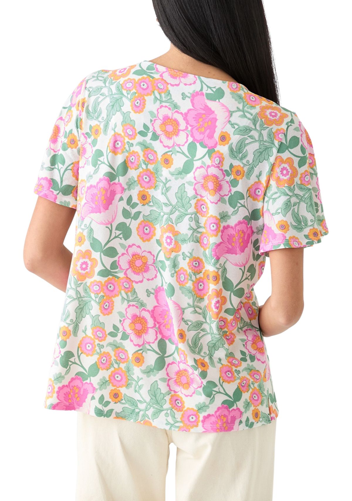 Petite Printed Button Front V-Neck Top