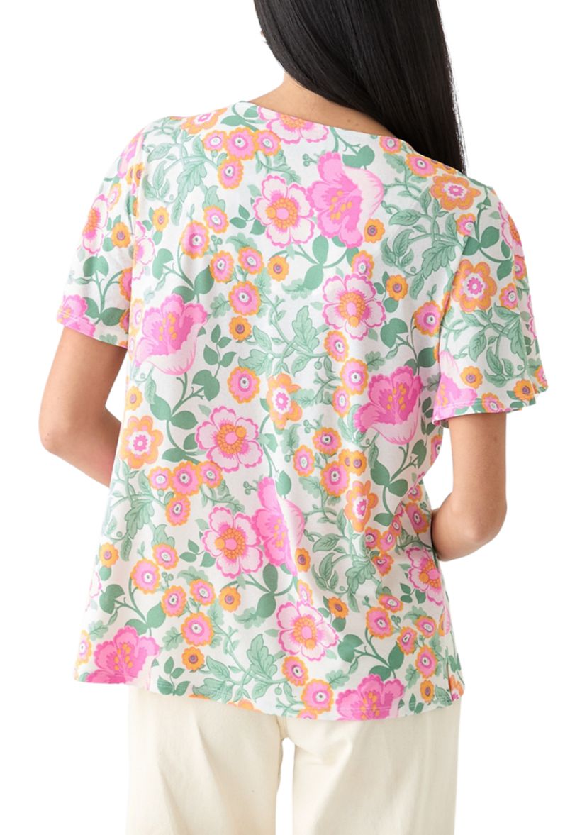 Petite Printed Button Front V-Neck Top