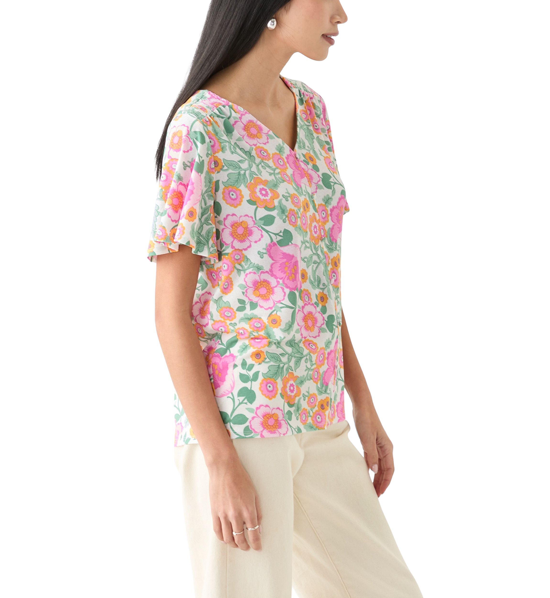 Petite Printed Button Front V-Neck Top