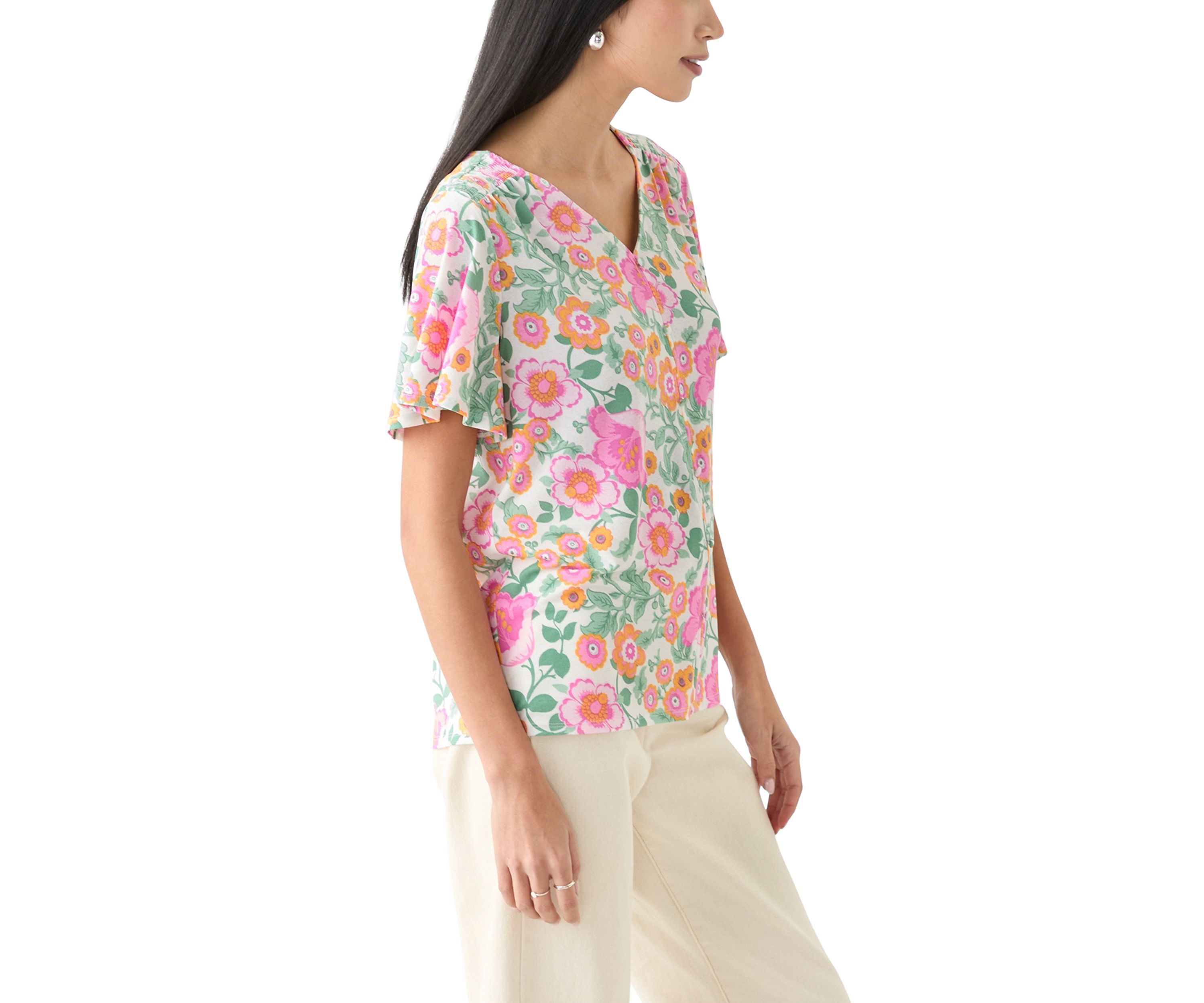 Petite Printed Button Front V-Neck Top