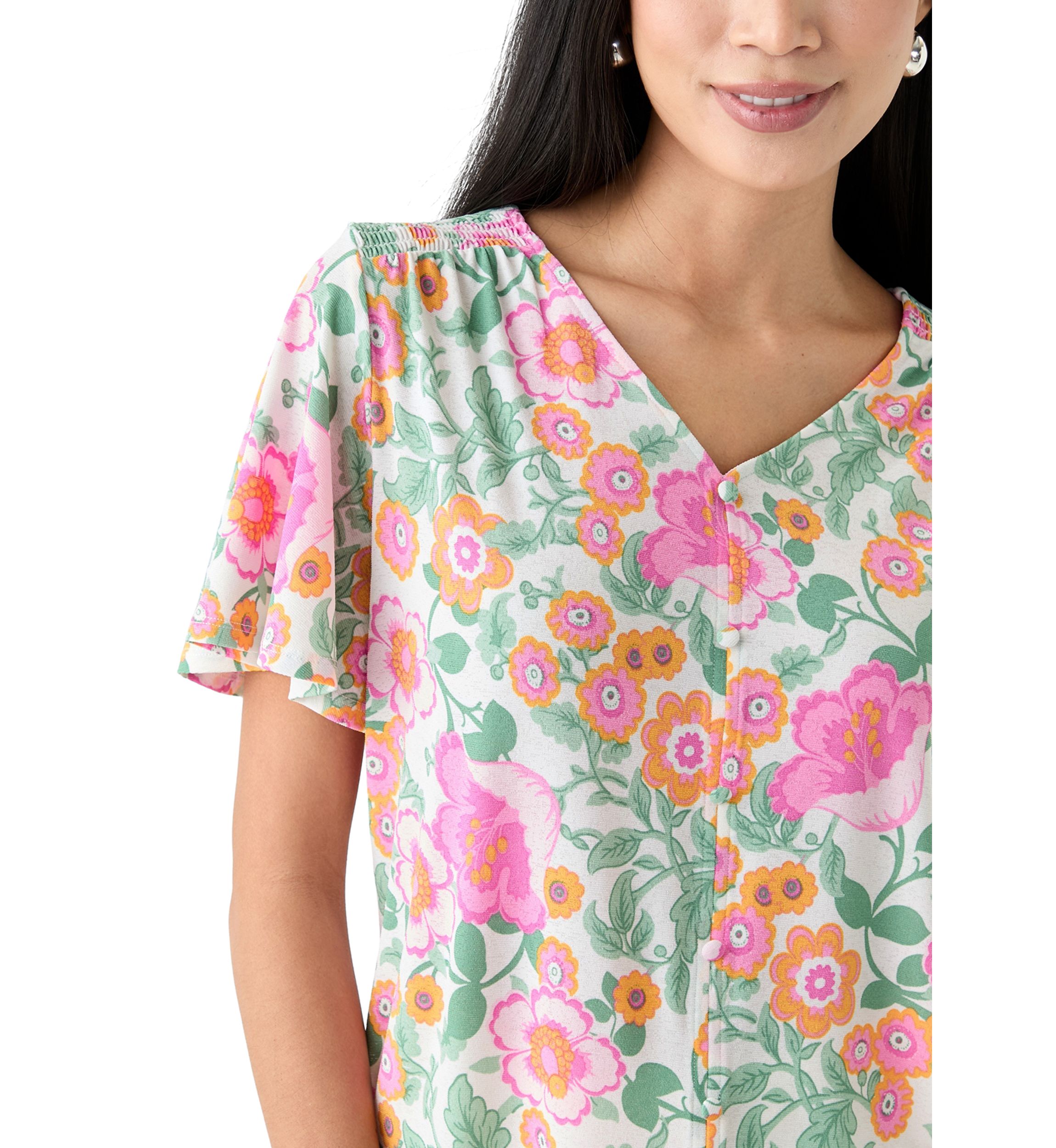 Petite Printed Button Front V-Neck Top