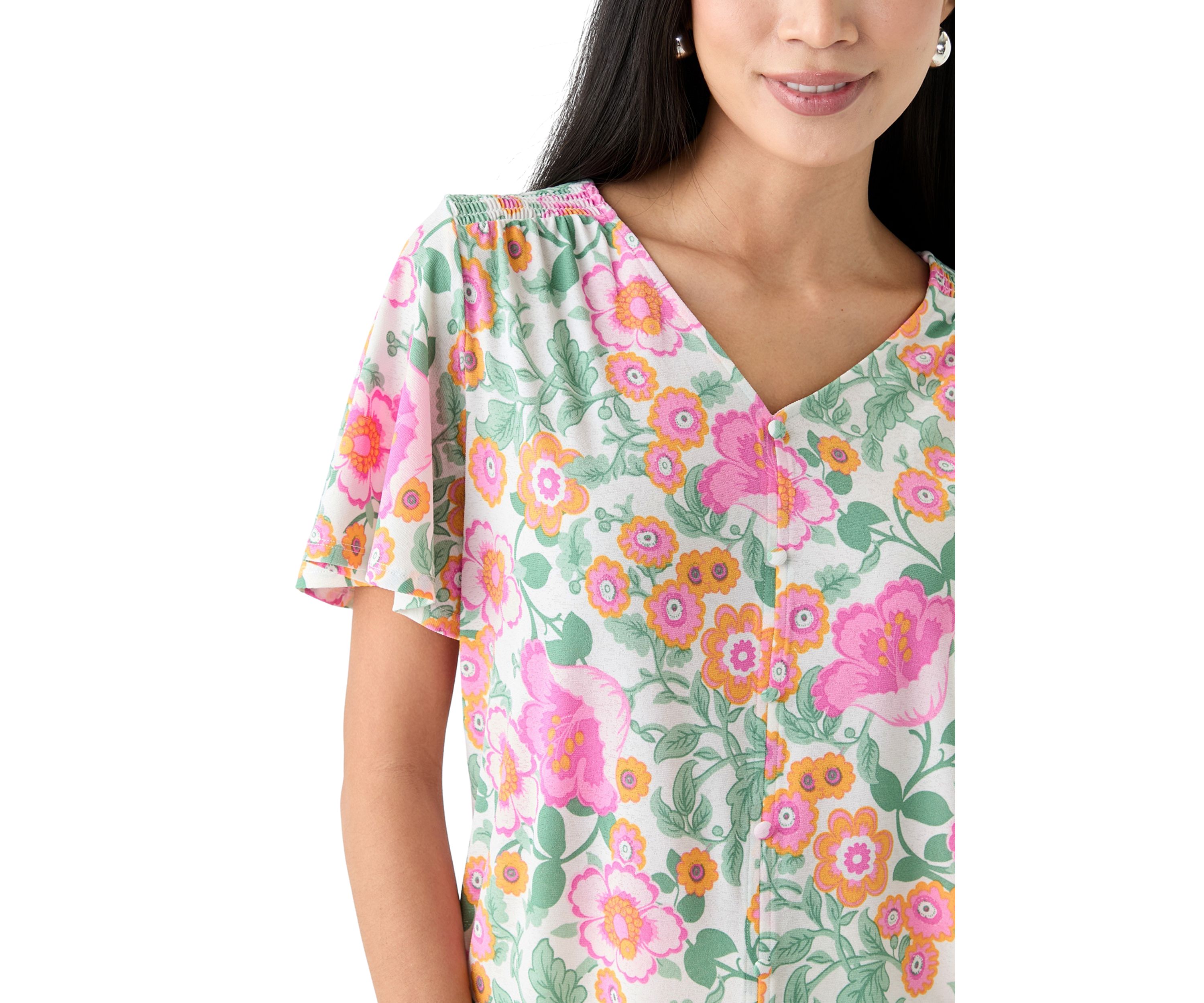 Petite Printed Button Front V-Neck Top