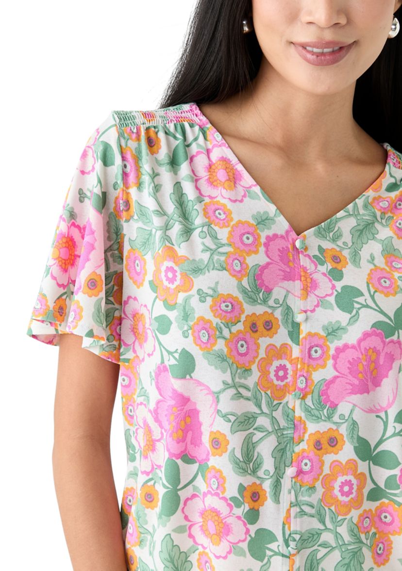 Petite Printed Button Front V-Neck Top