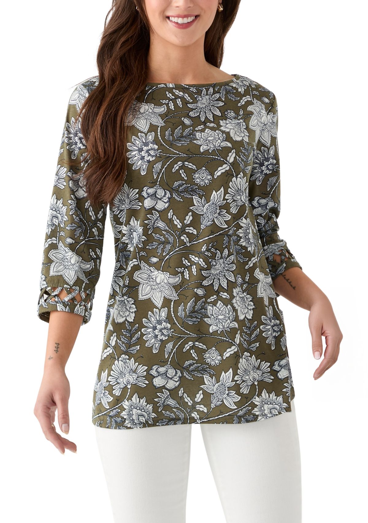 Petite Lattice Cuff Printed T-Shirt 