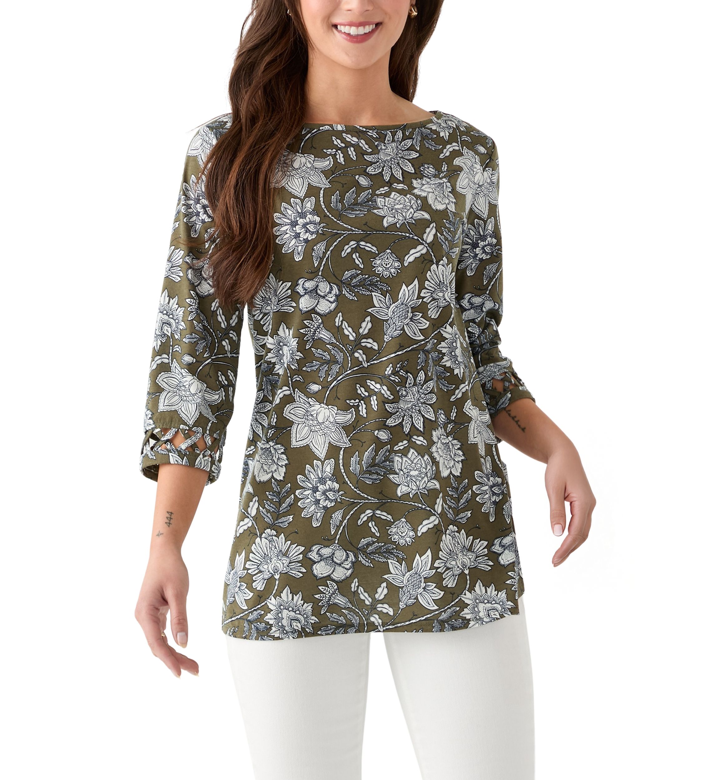 Petite Lattice Cuff Printed T-Shirt 