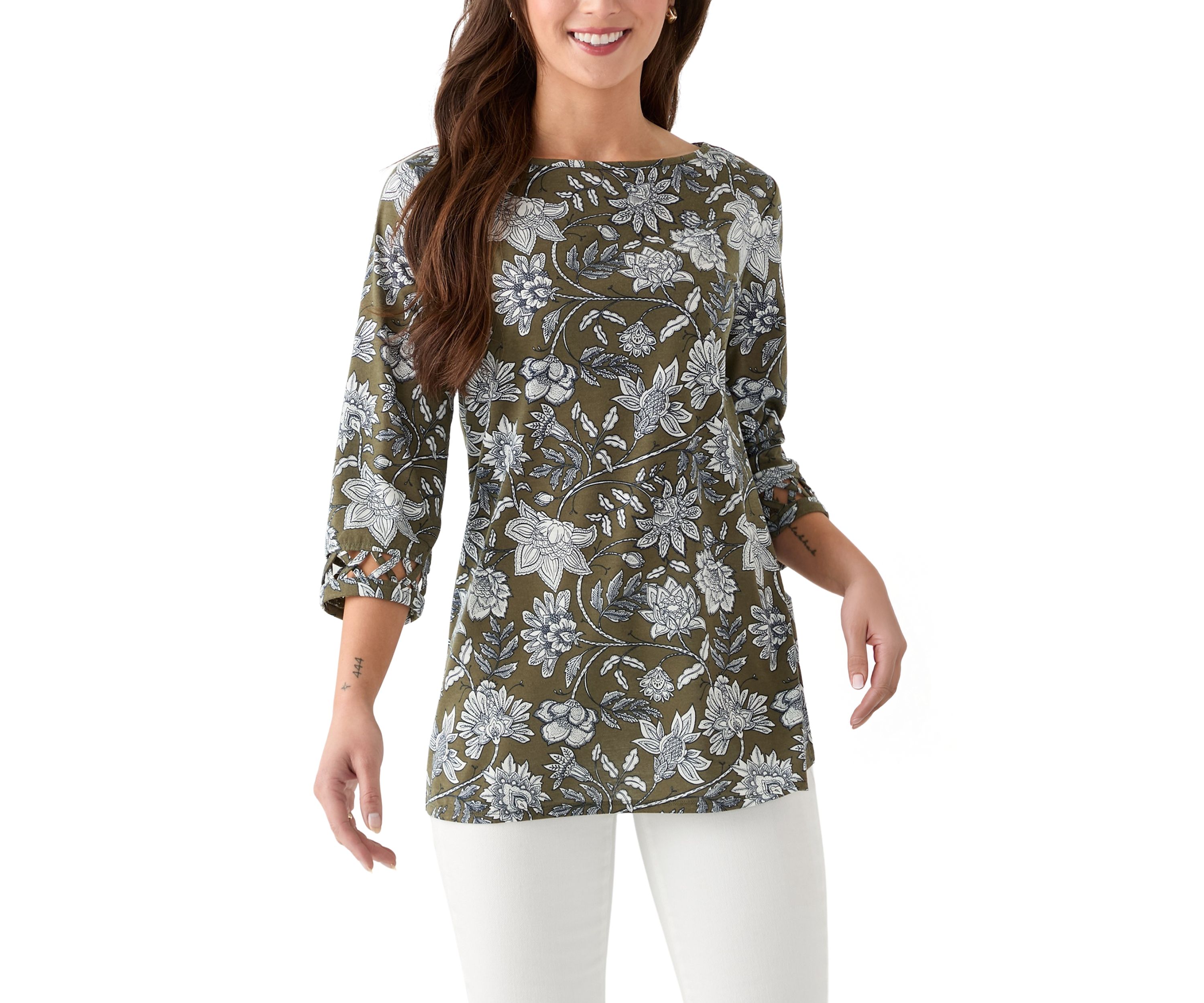 Petite Lattice Cuff Printed T-Shirt 