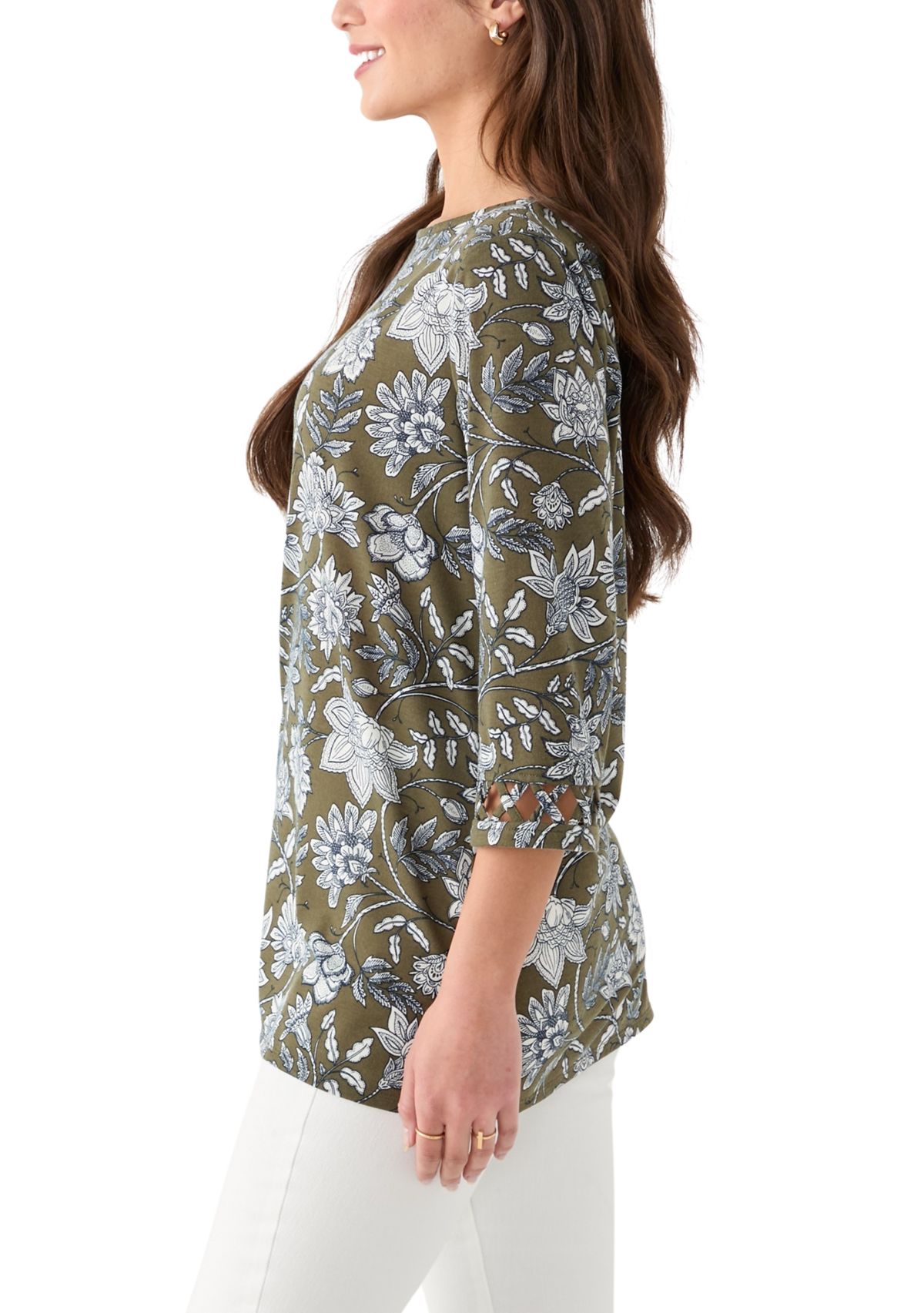 Petite Lattice Cuff Printed T-Shirt 