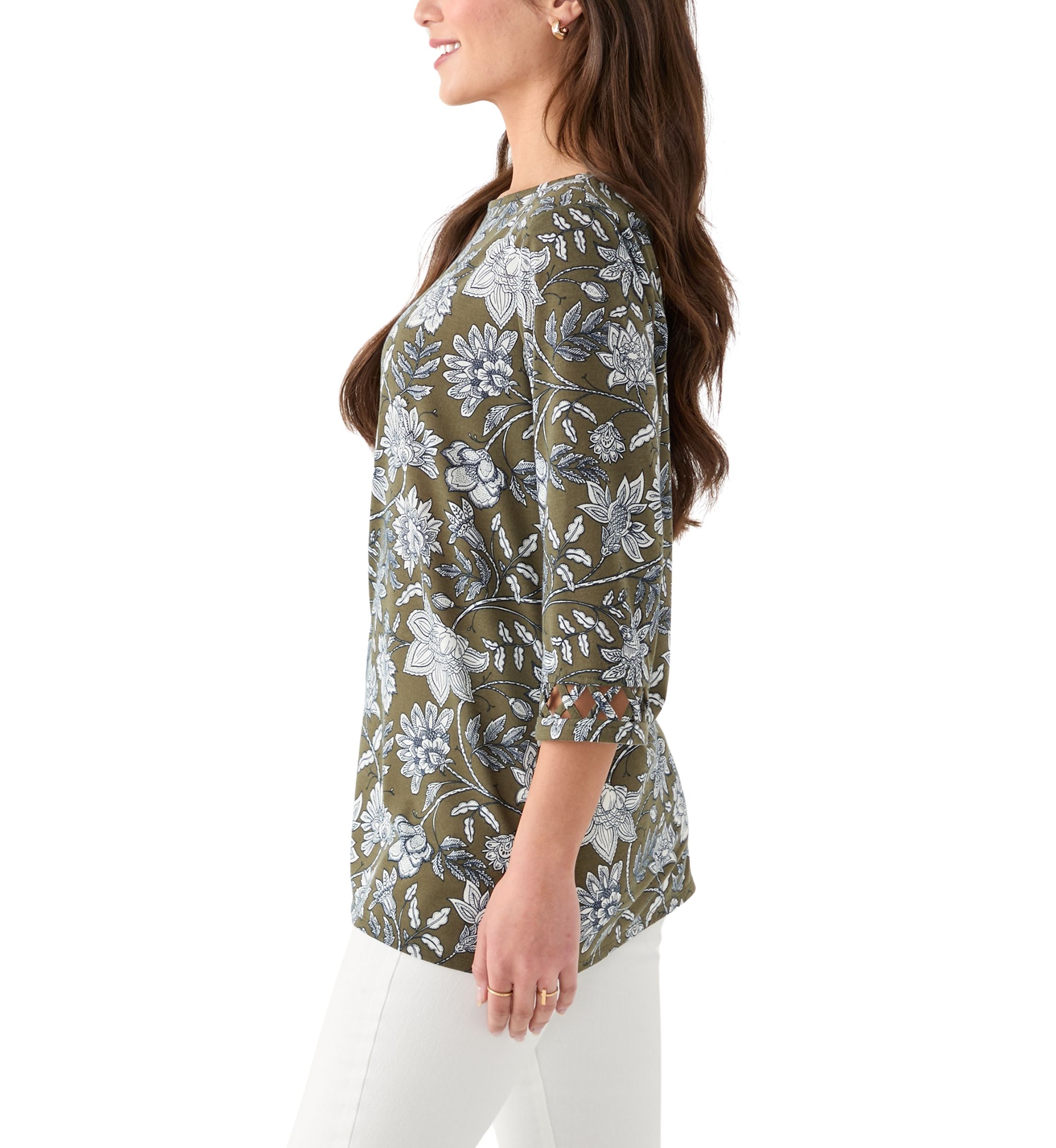 Petite Lattice Cuff Printed T-Shirt 