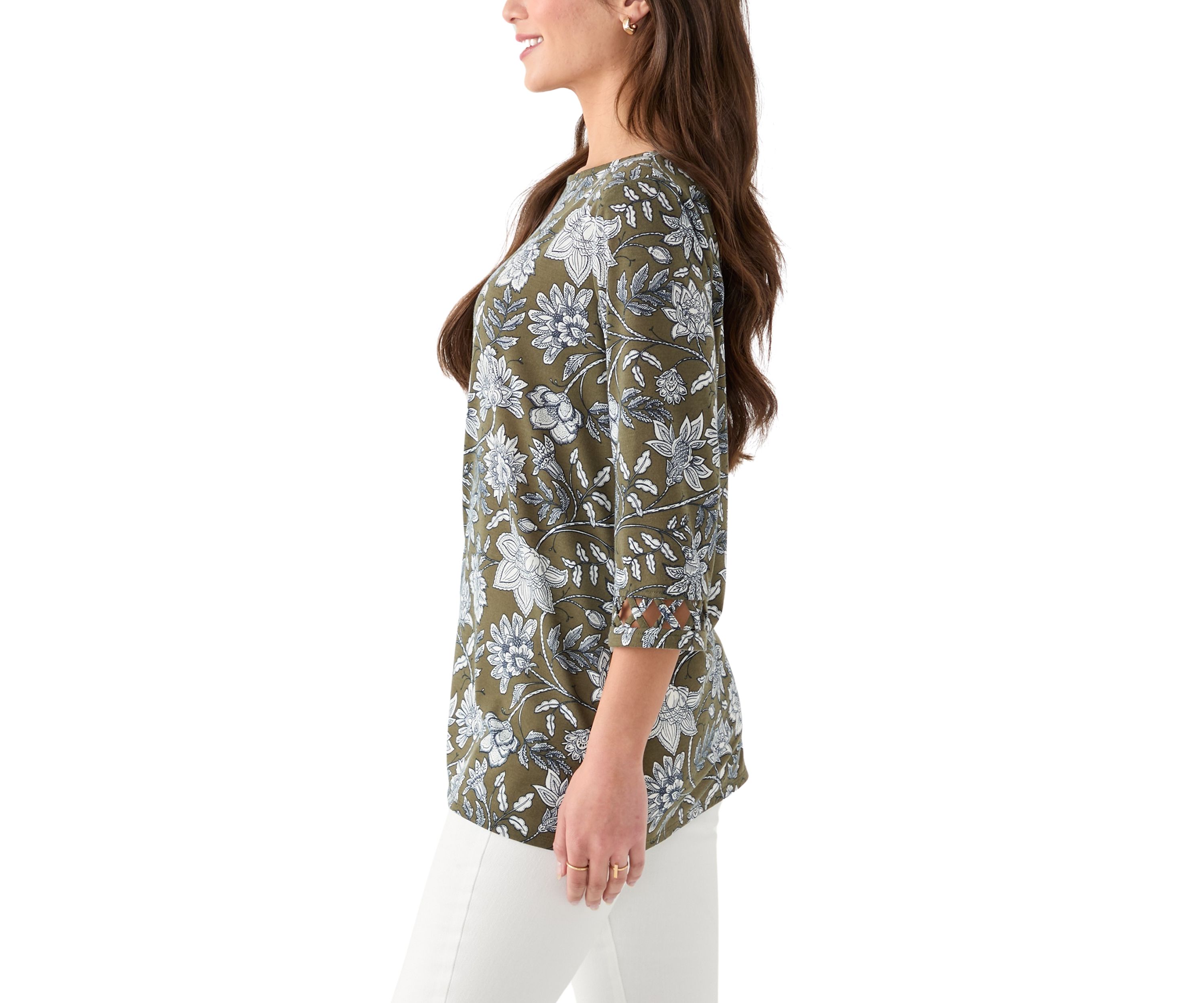 Petite Lattice Cuff Printed T-Shirt 