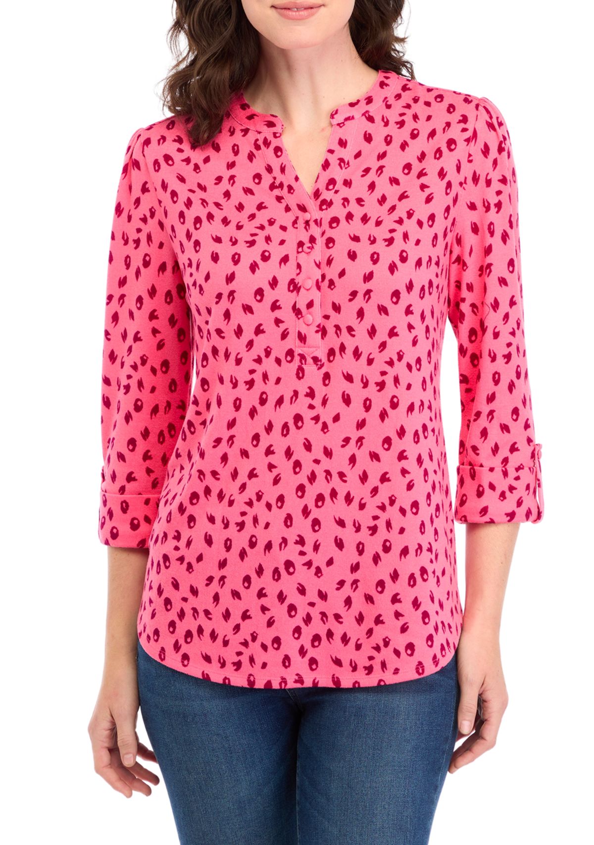 Petite Printed Knit Henley Shirt 