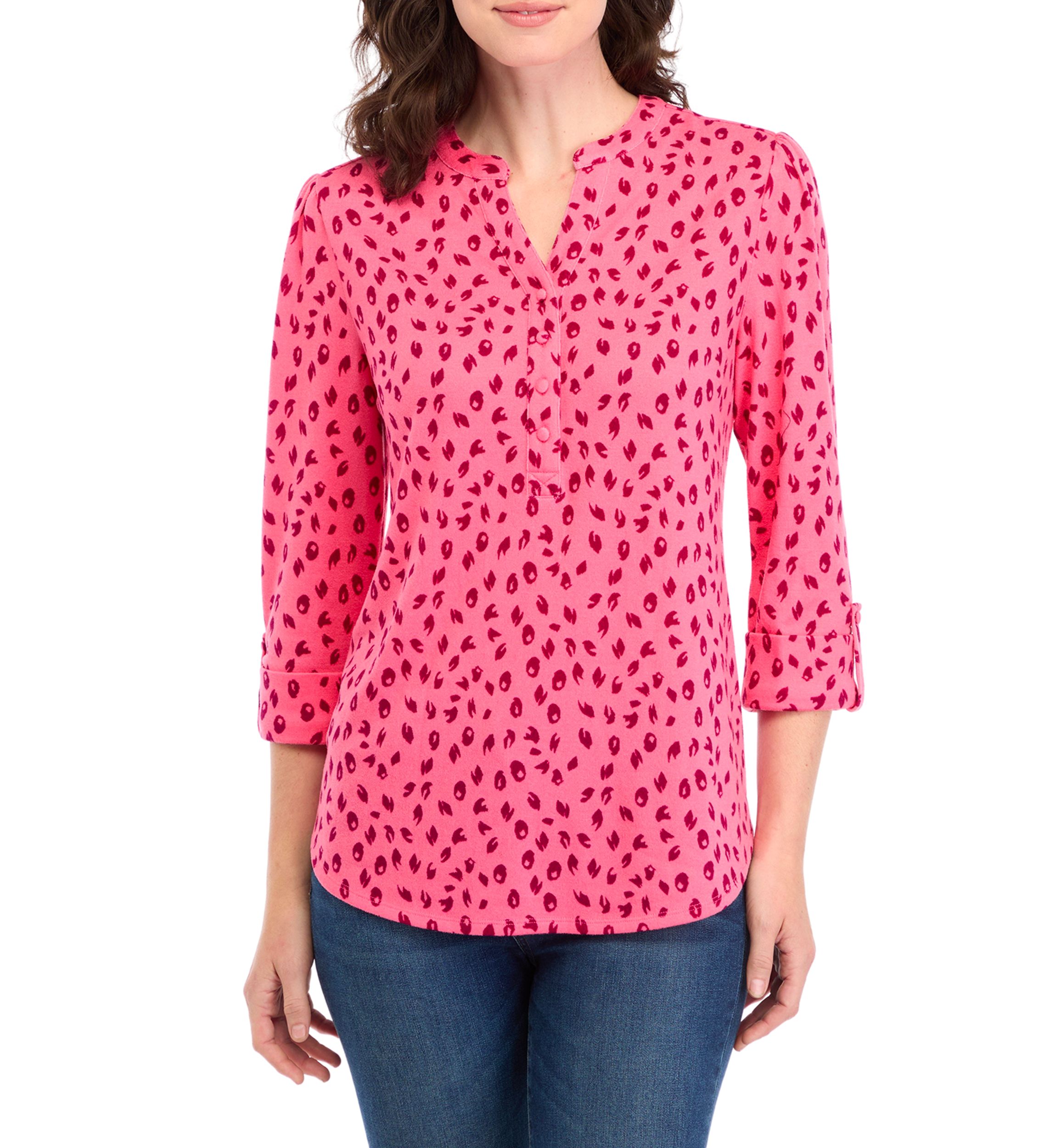 Petite Printed Knit Henley Shirt 