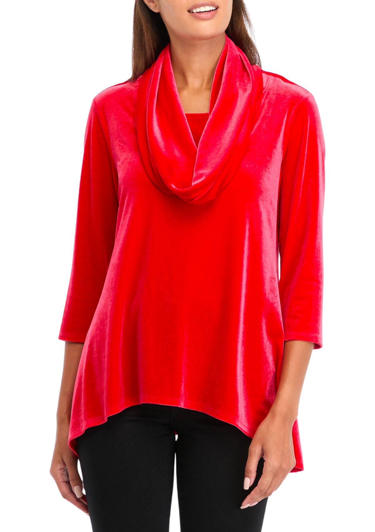 Petite Knit Velvet Sharkbite Cowl Neck Top 