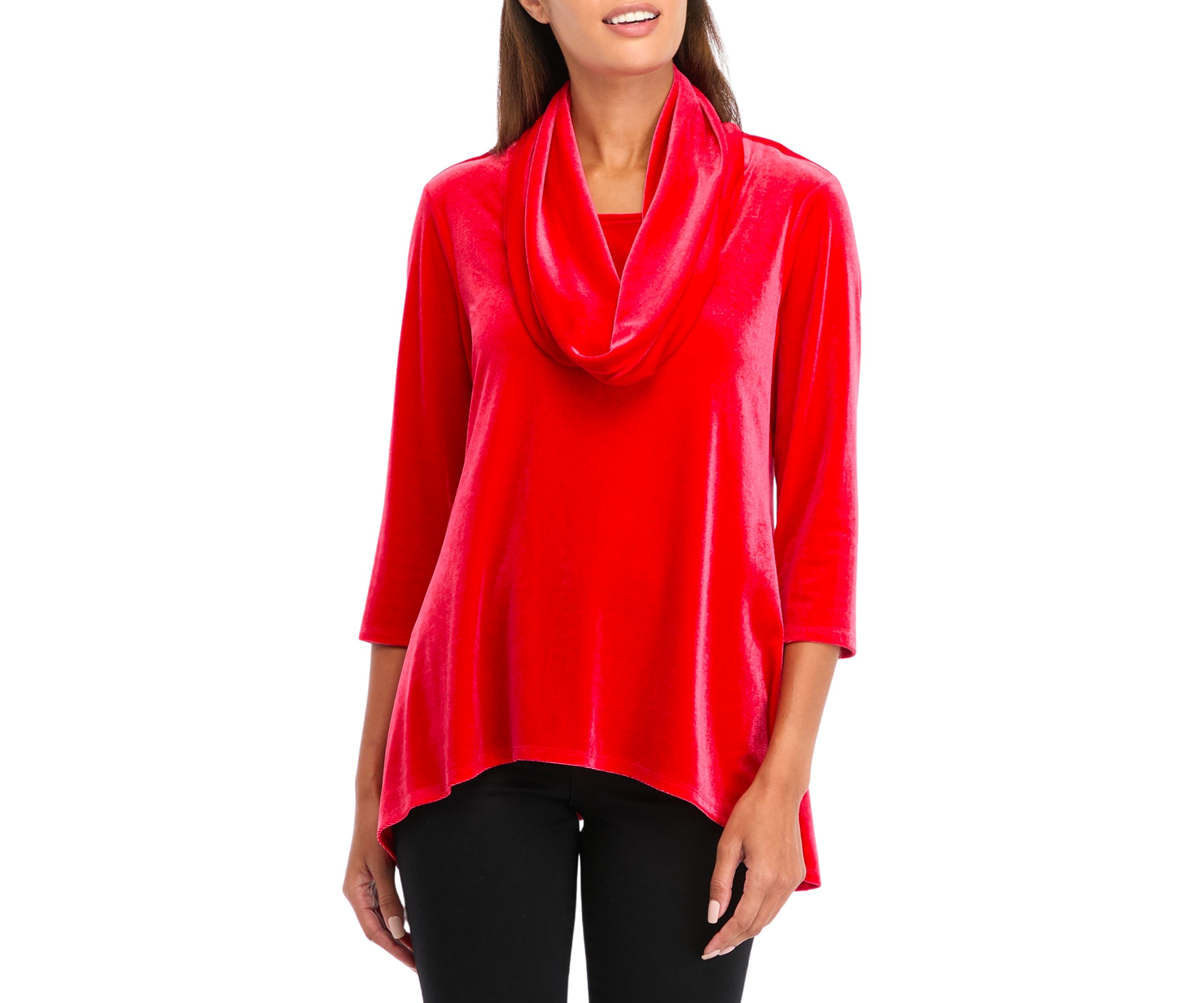 Petite Knit Velvet Sharkbite Cowl Neck Top 