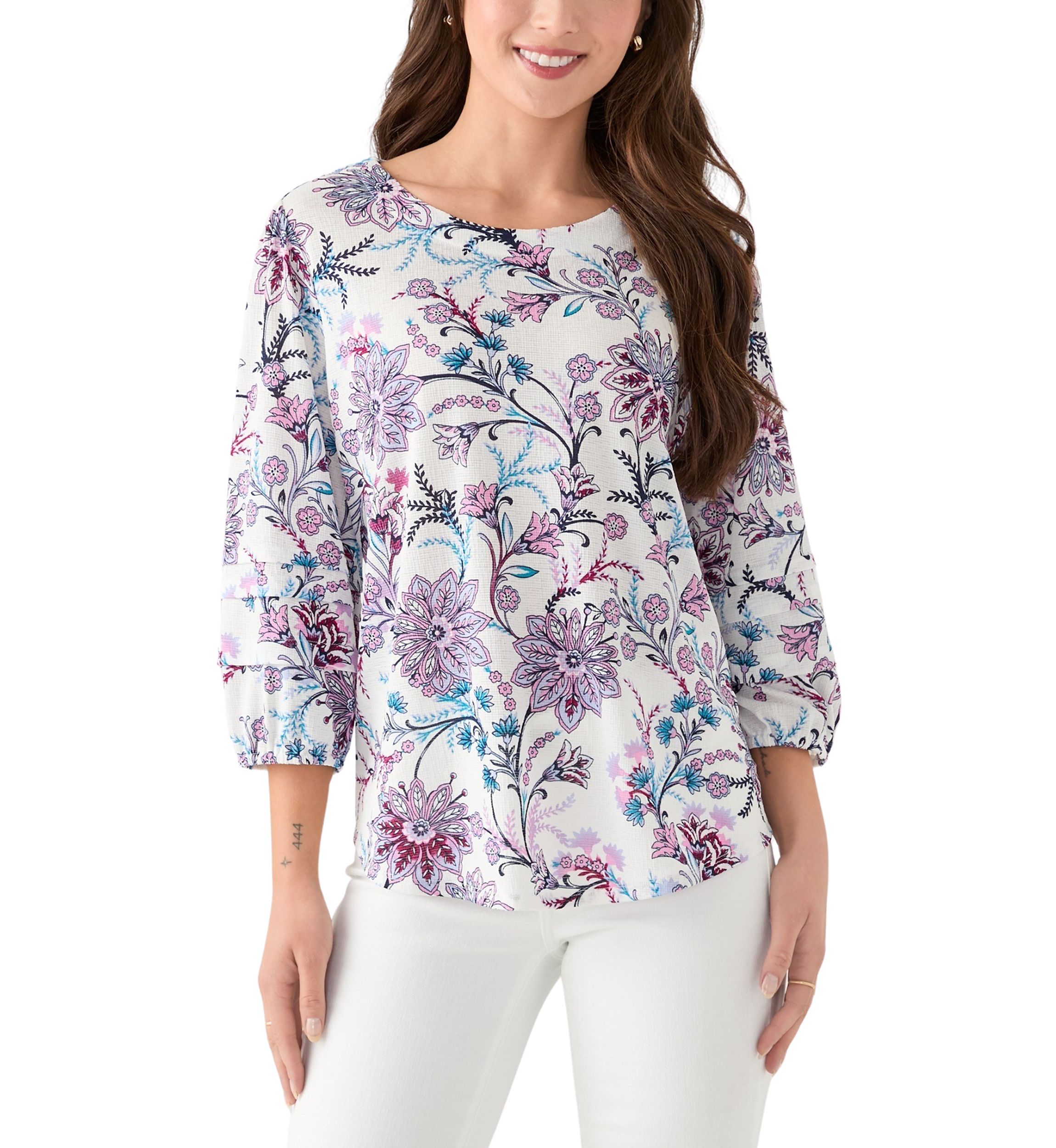 Petite 3/4 Pleated Sleeve Printed Shirt