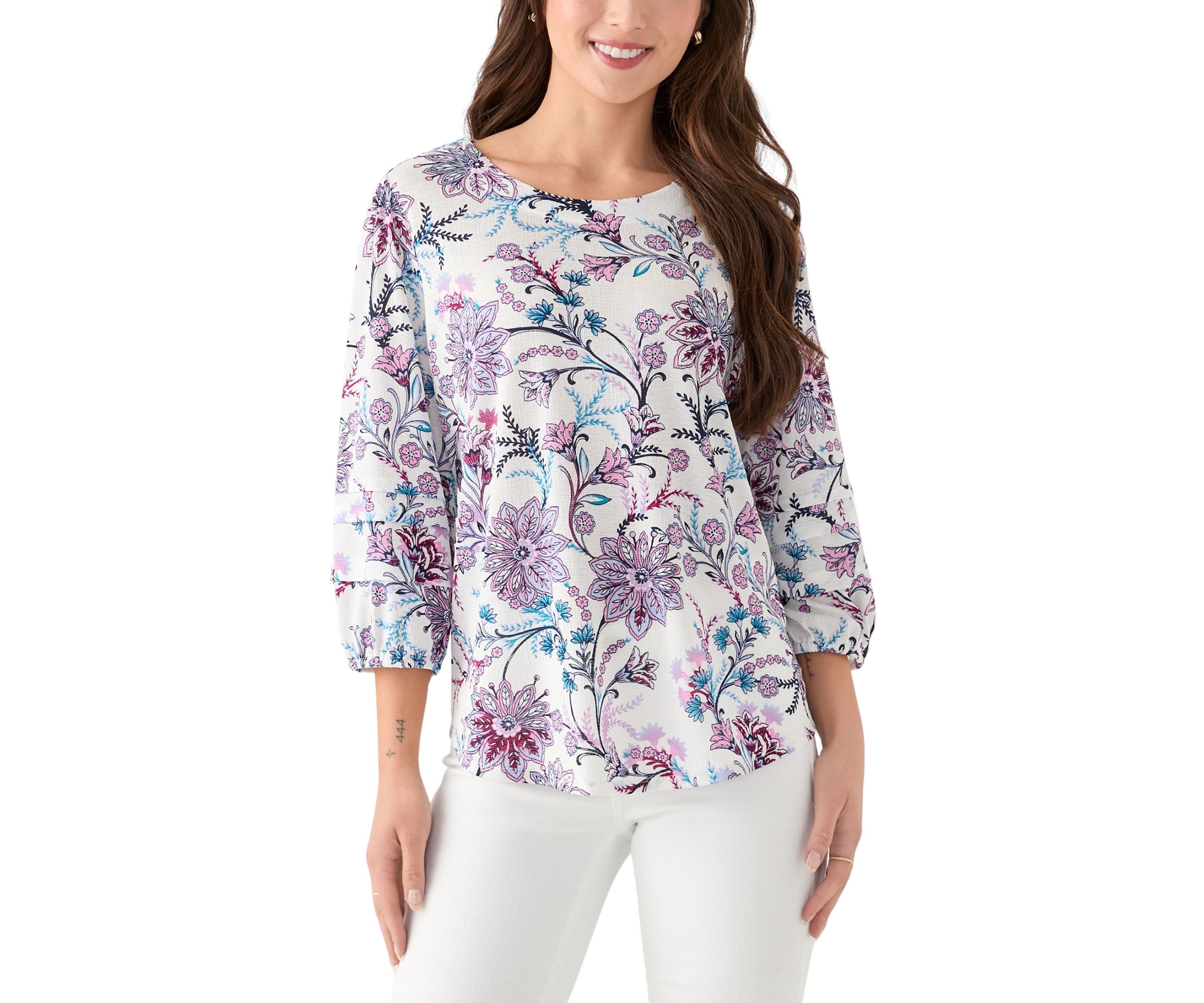 Petite 3/4 Pleated Sleeve Printed Shirt