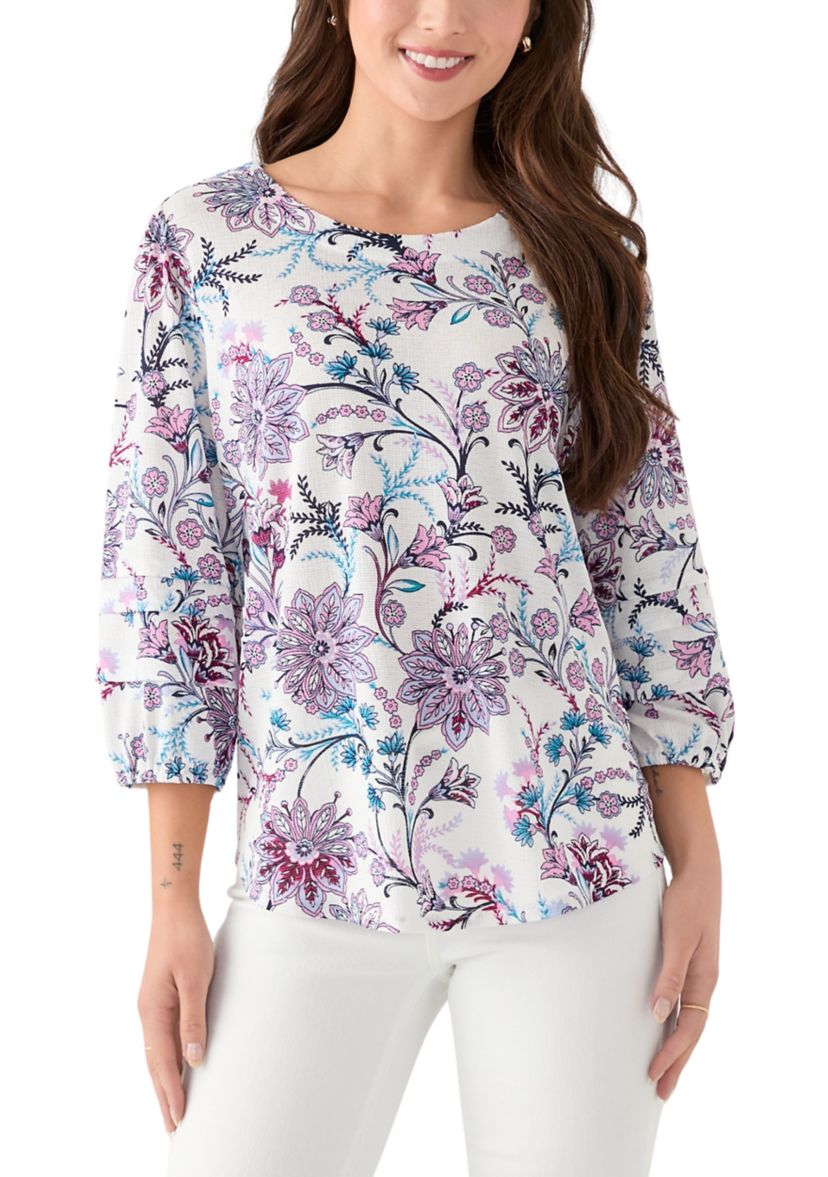 Petite 3/4 Pleated Sleeve Printed Shirt