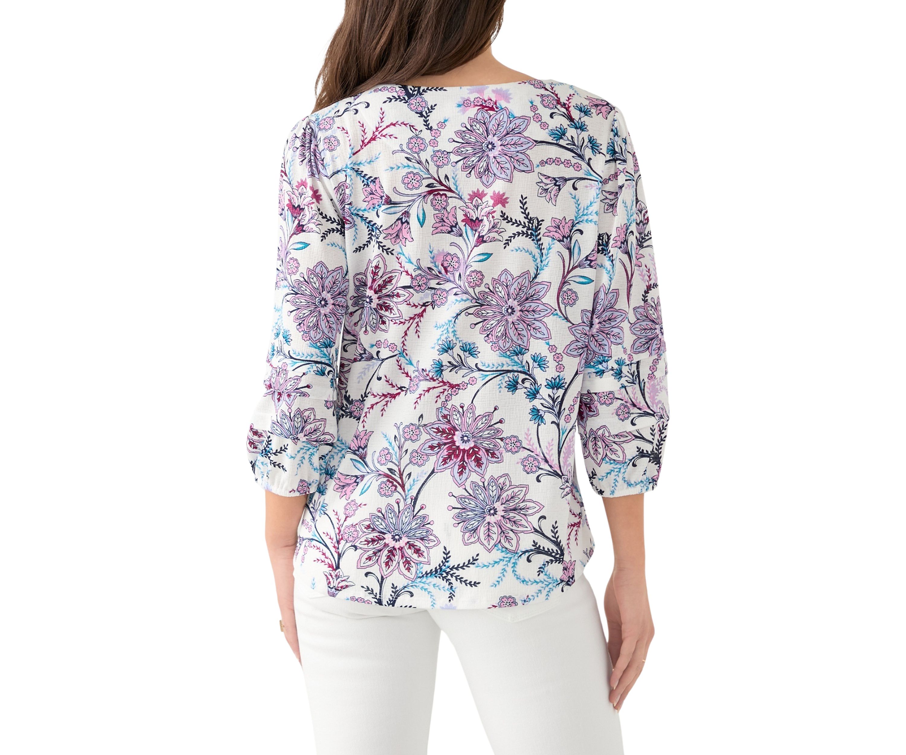 Petite 3/4 Pleated Sleeve Printed Shirt