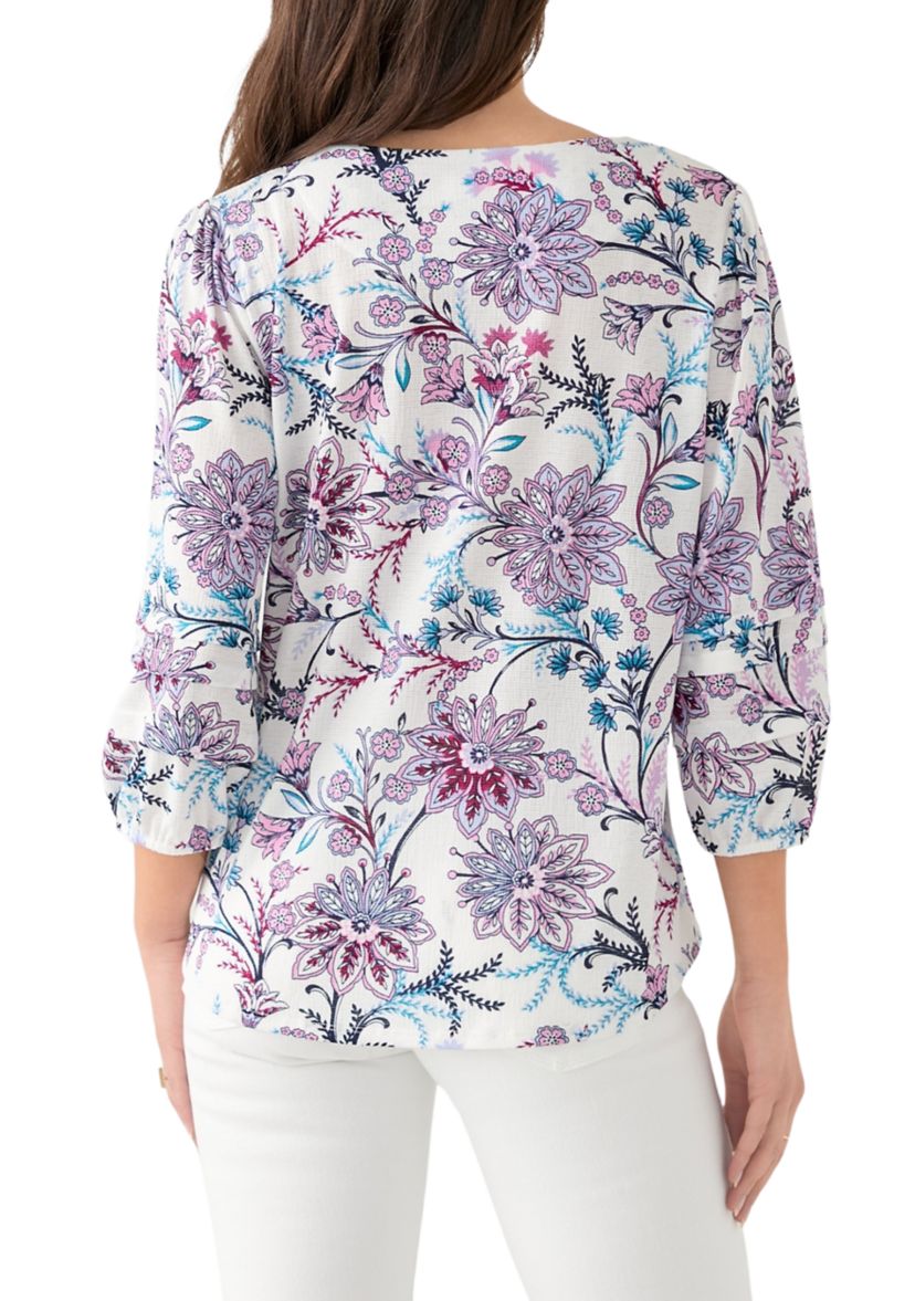 Petite 3/4 Pleated Sleeve Printed Shirt