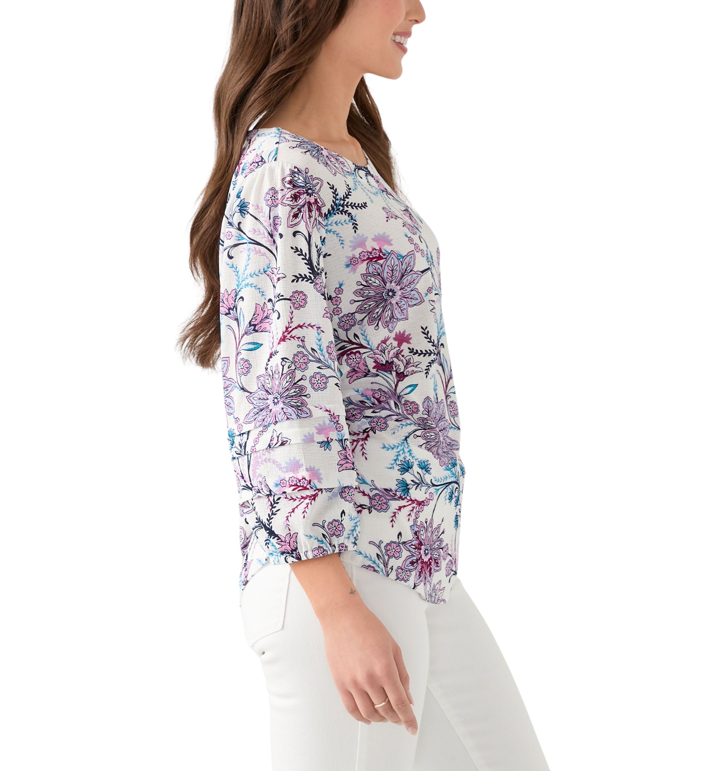 Petite 3/4 Pleated Sleeve Printed Shirt