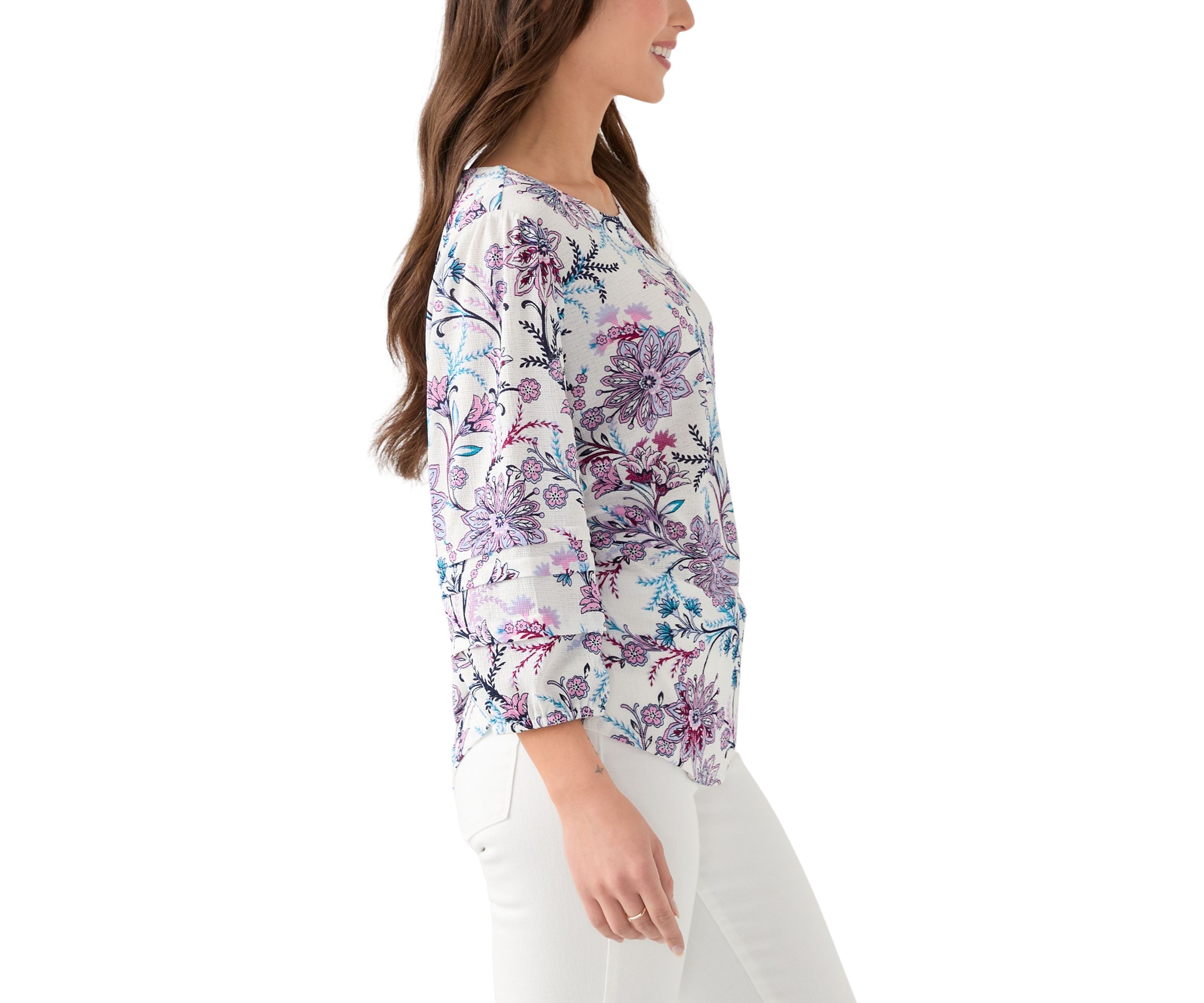 Petite 3/4 Pleated Sleeve Printed Shirt