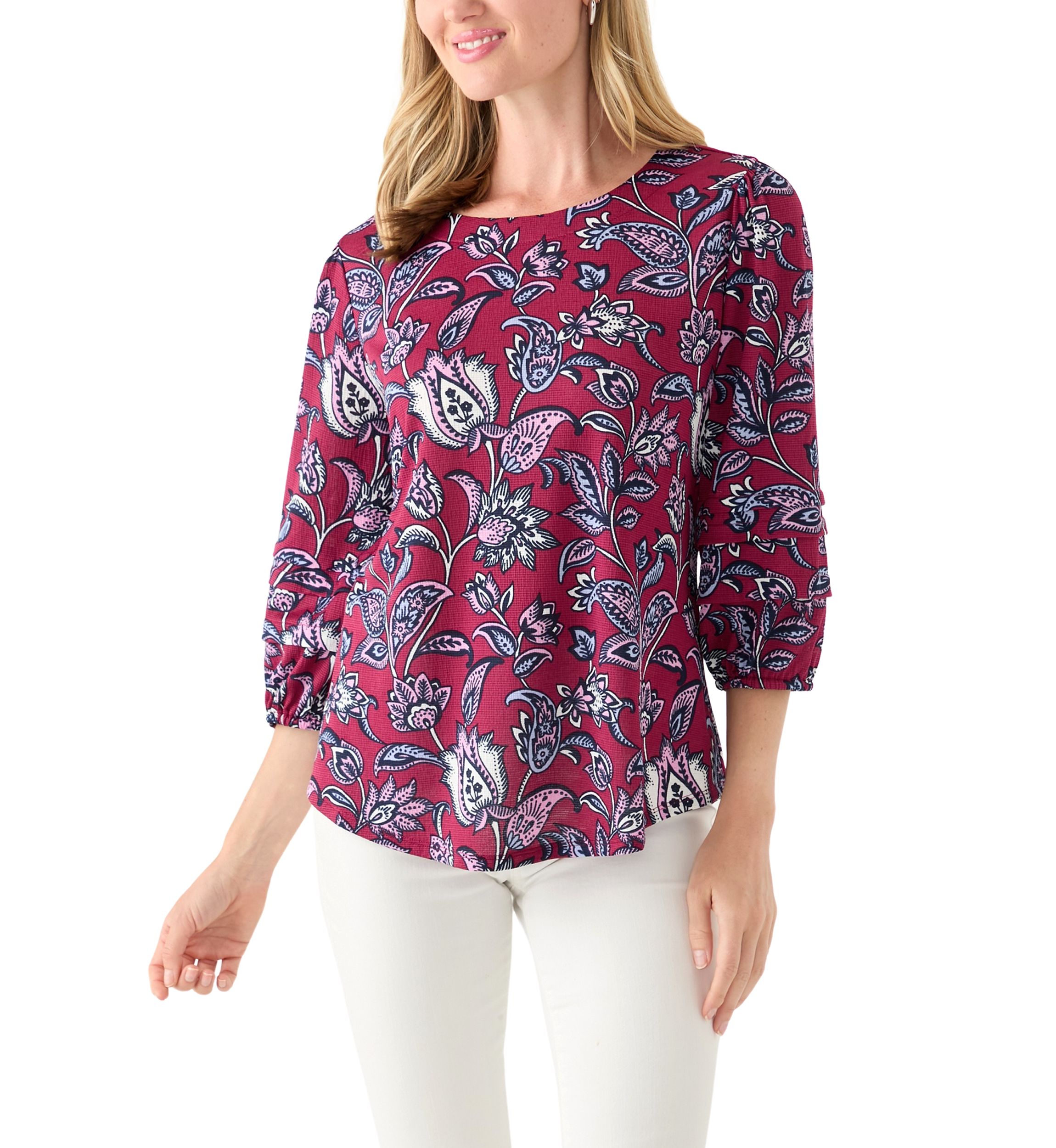  Petite 3/4 Pleated Sleeve Printed Shirt 