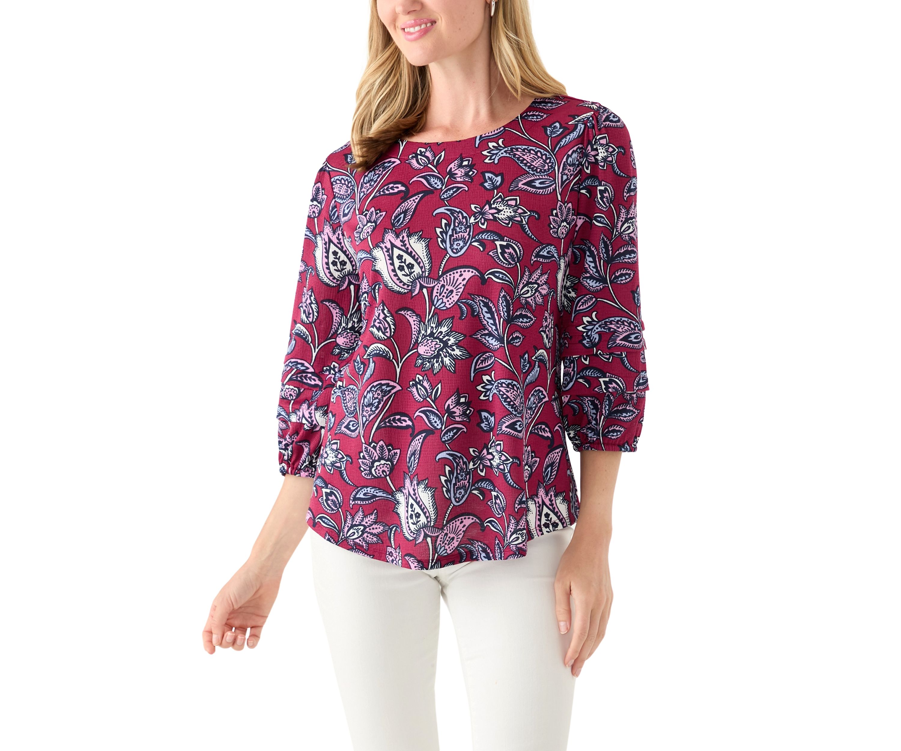  Petite 3/4 Pleated Sleeve Printed Shirt 