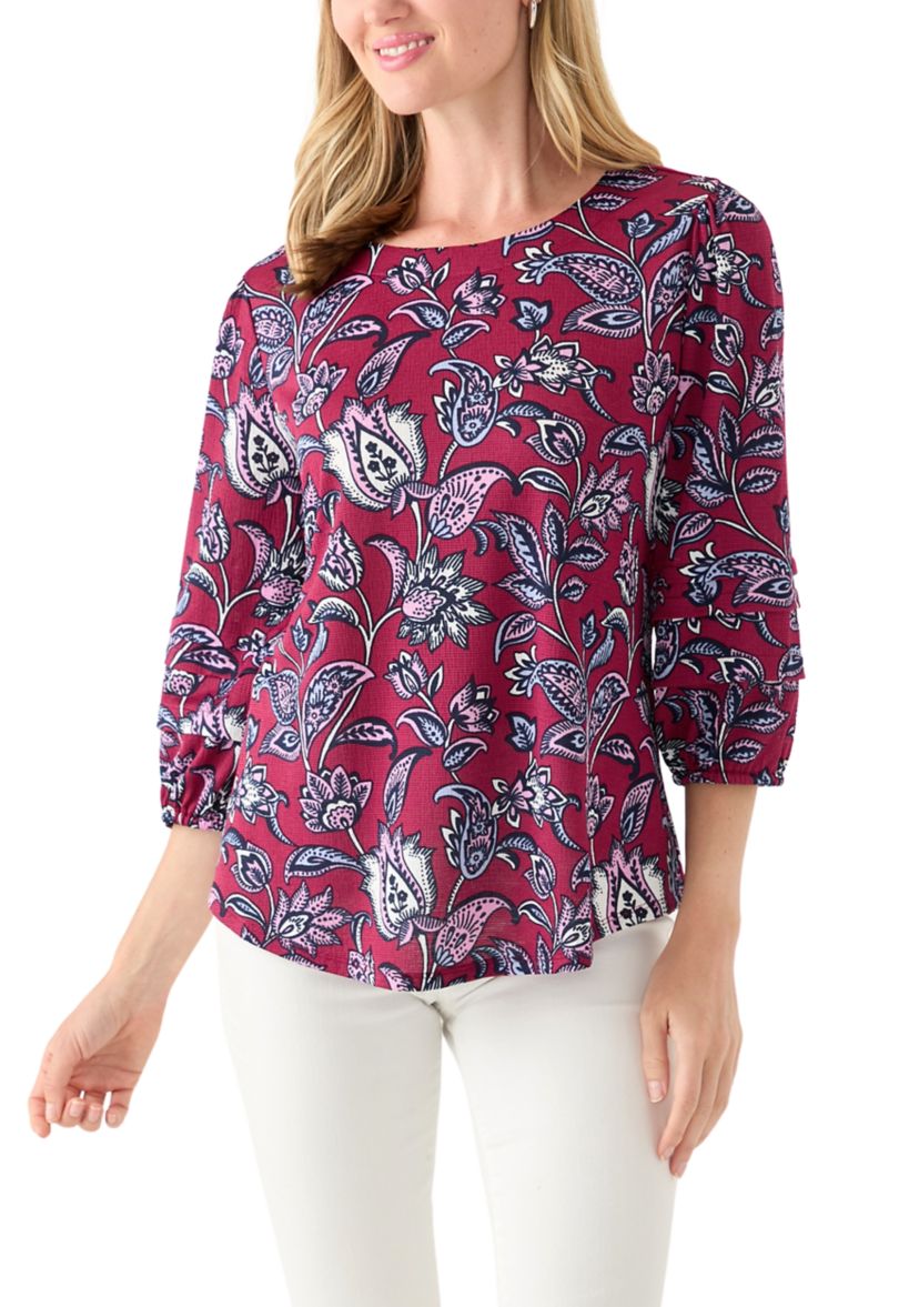  Petite 3/4 Pleated Sleeve Printed Shirt 